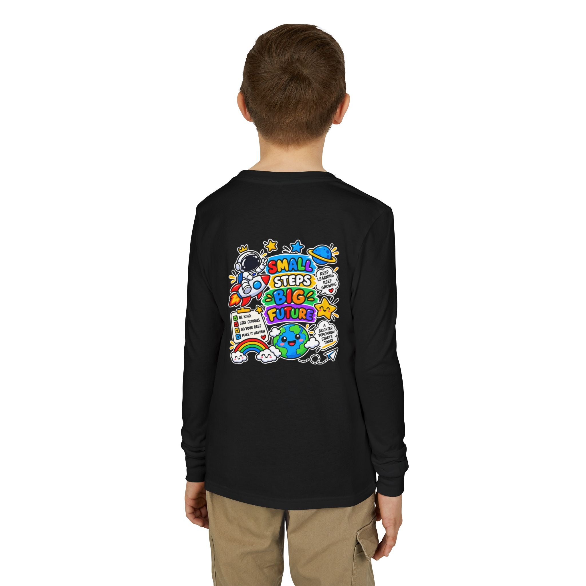 Youth Long Sleeve Tee — 'Dream Explore Discover' Colorful Space Kids Shirt