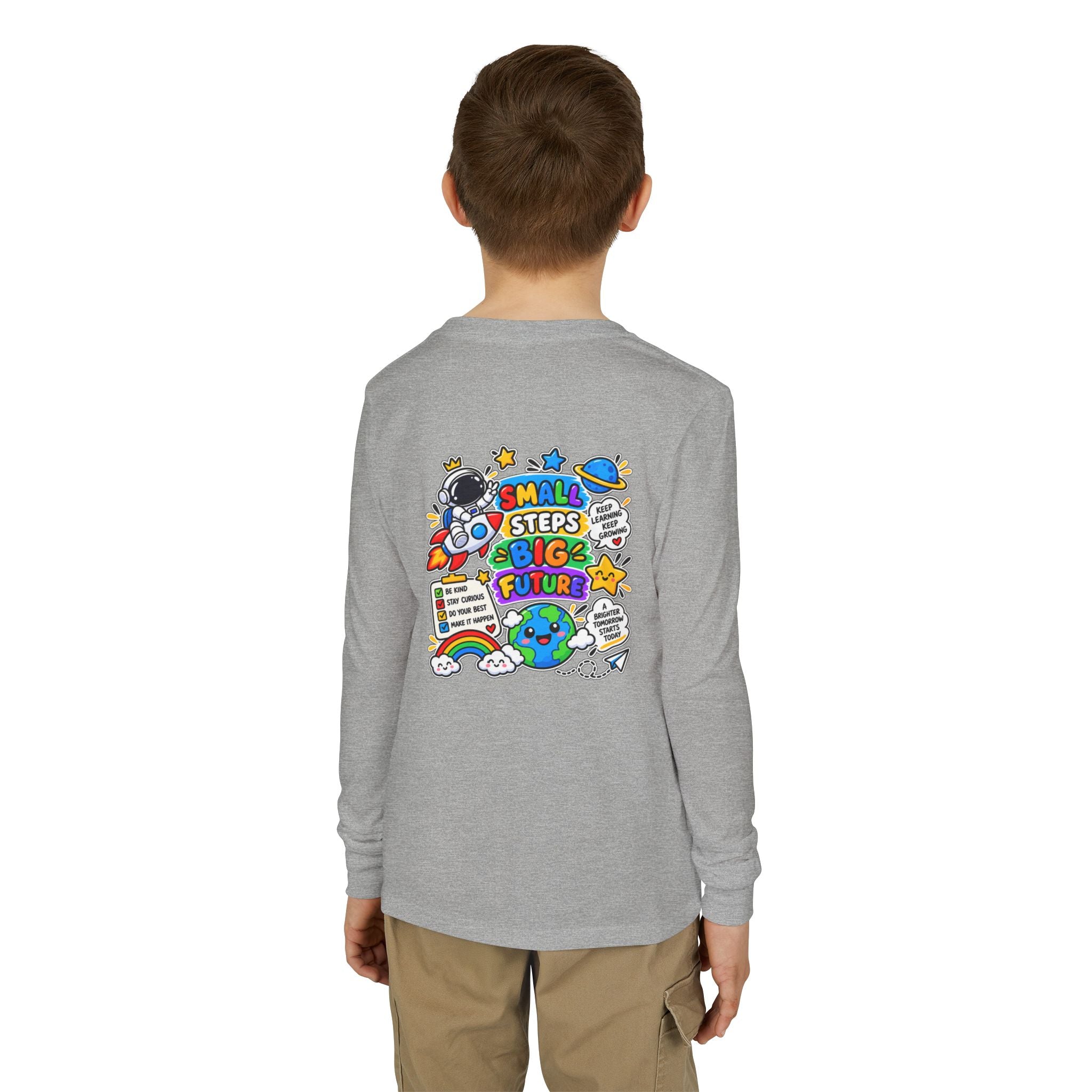 Youth Long Sleeve Tee — 'Dream Explore Discover' Colorful Space Kids Shirt