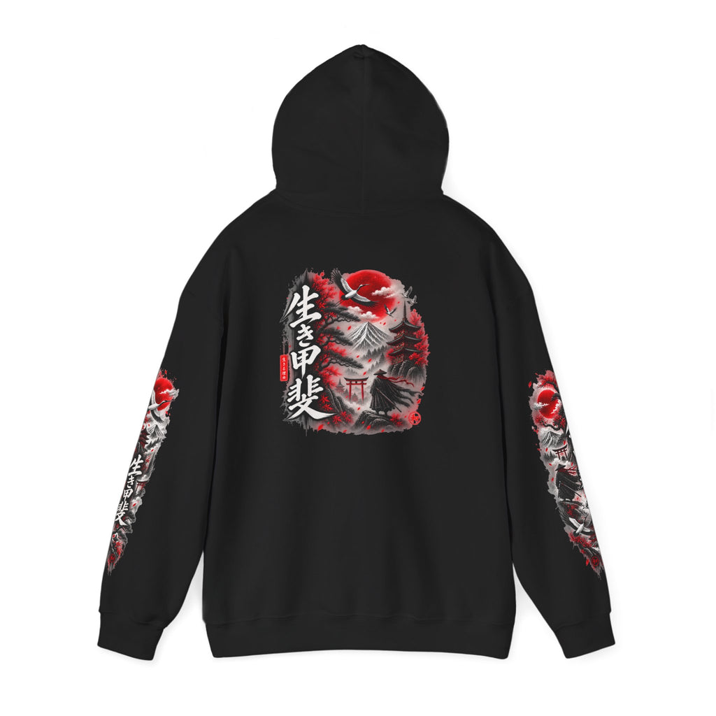 Japanese Oni Mask Hoodie – Red & Black Temple Graphic with Kanji Sleeve Art