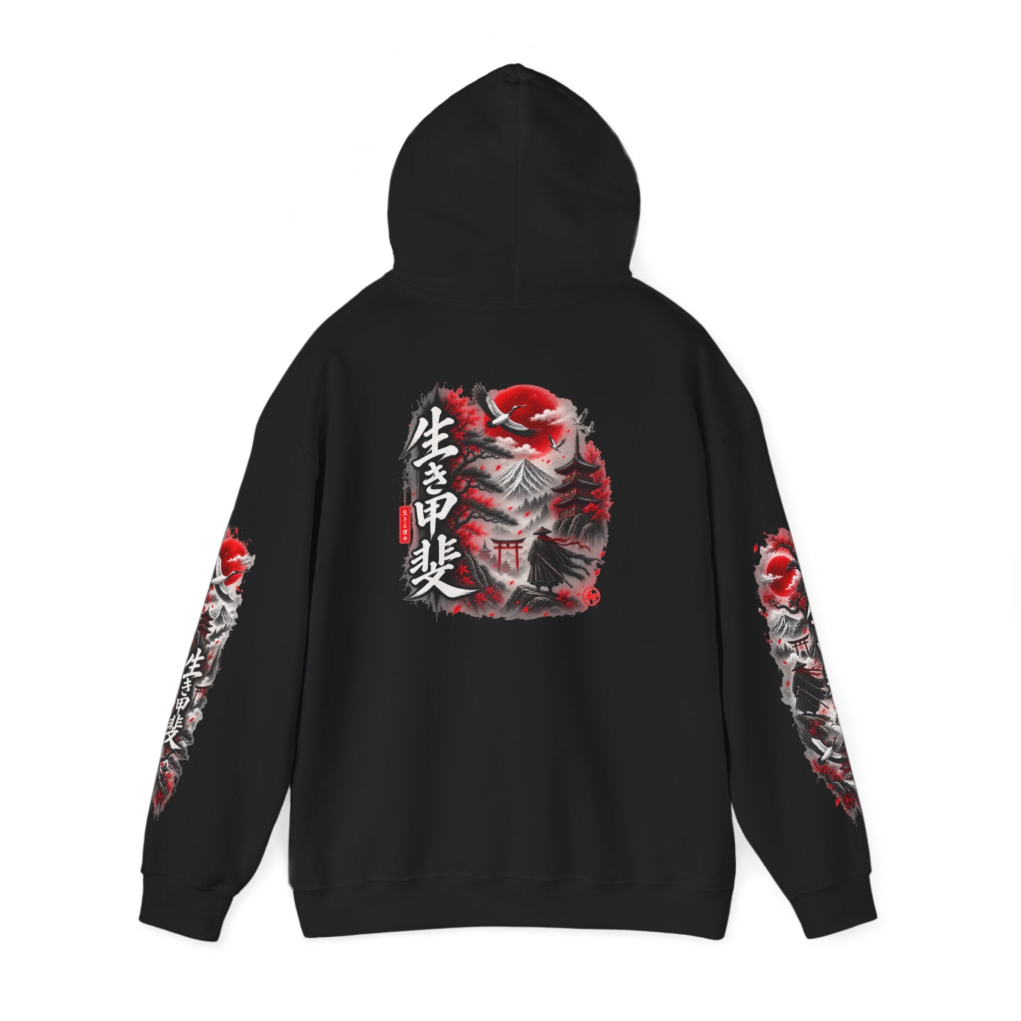 Japanese Oni Mask Hoodie – Red & Black Temple Graphic with Kanji Sleeve Art