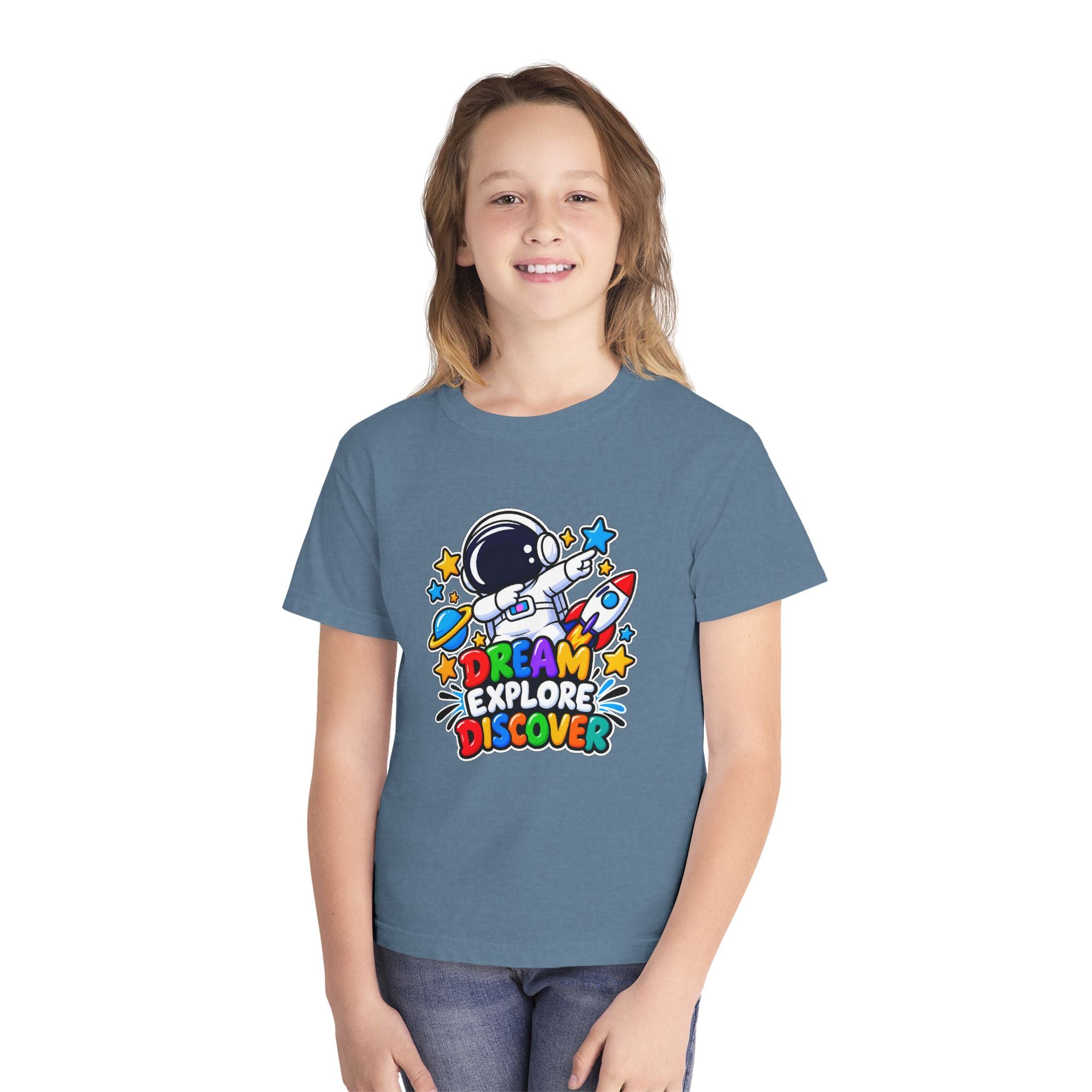 Youth Space Adventure Tee – “Dream Explore Discover / Small Steps Big Future”