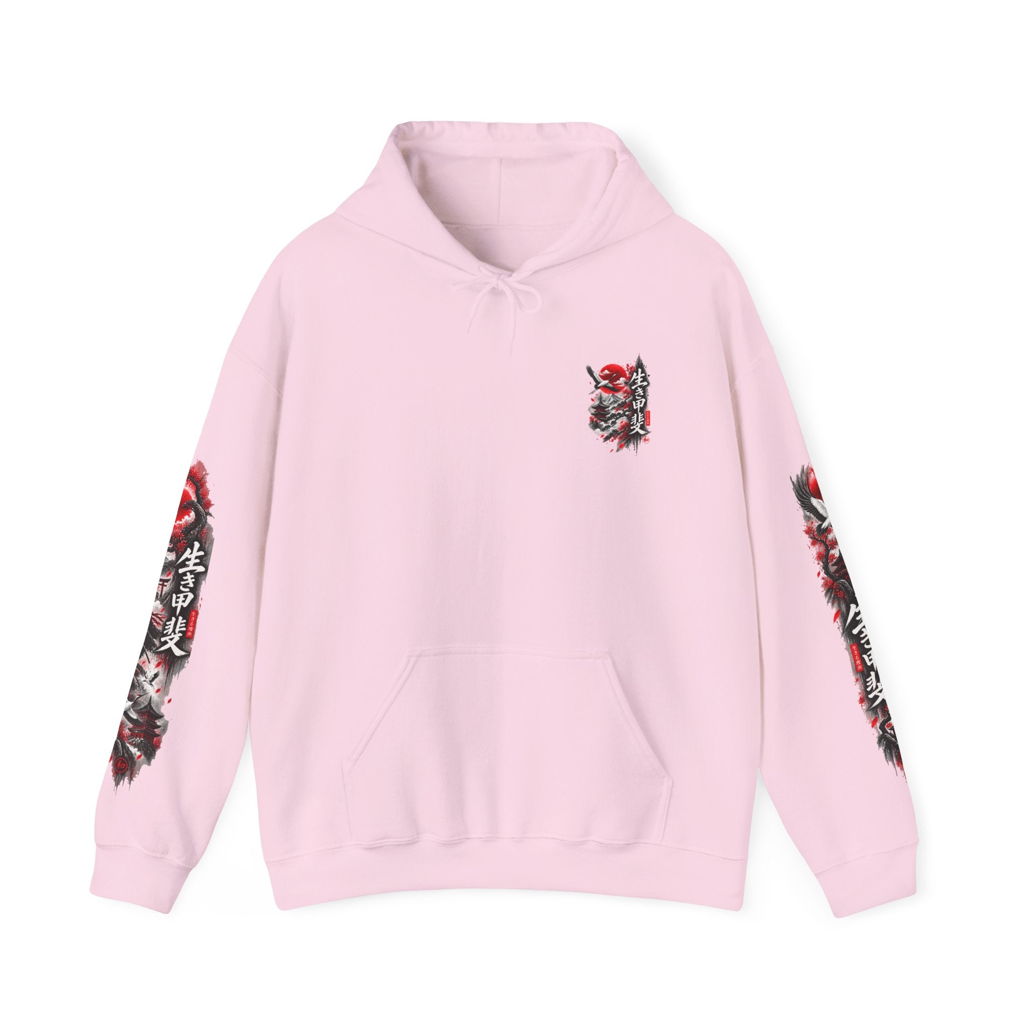Japanese Oni Mask Hoodie – Red & Black Temple Graphic with Kanji Sleeve Art