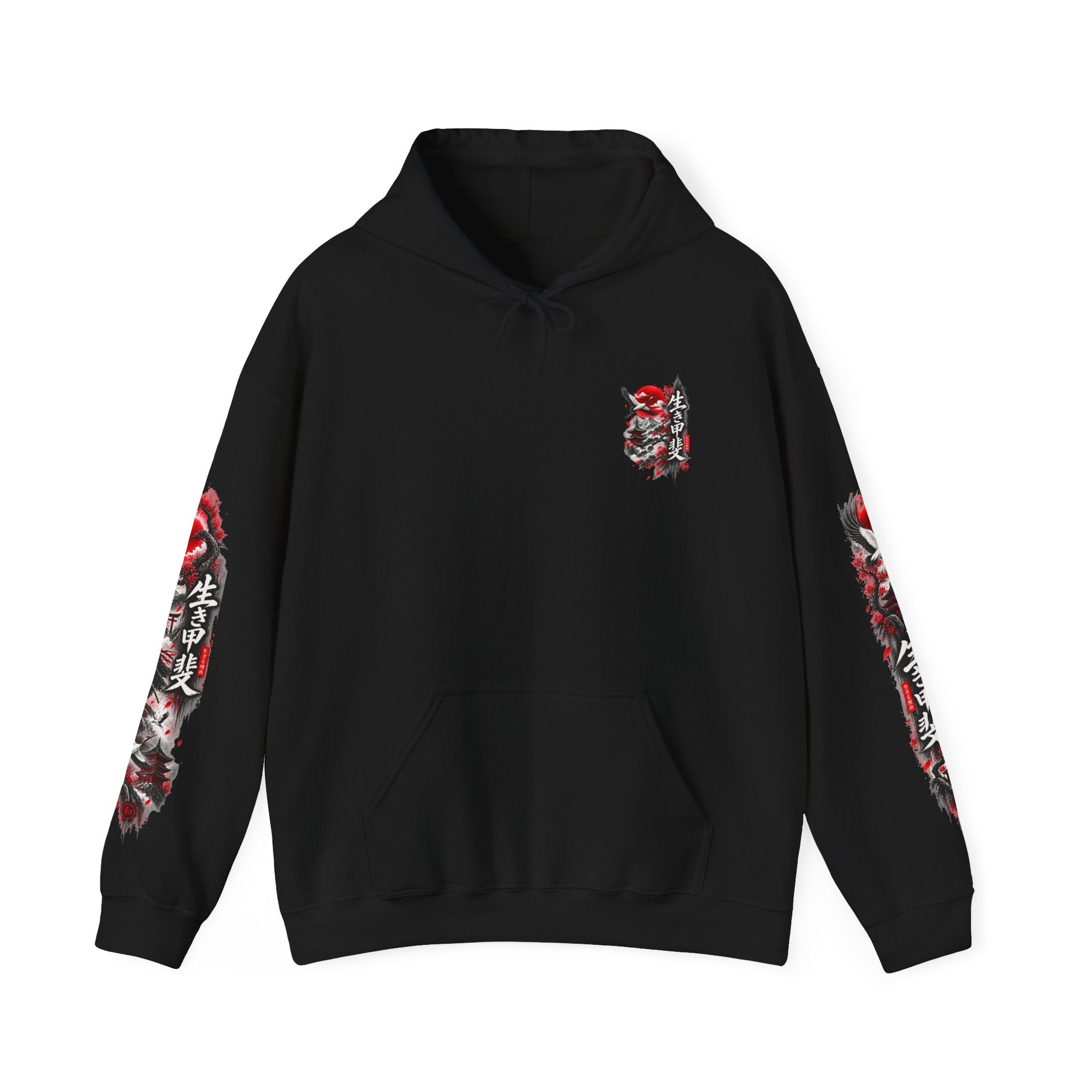 Japanese Oni Mask Hoodie – Red & Black Temple Graphic with Kanji Sleeve Art