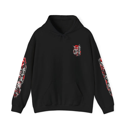 Japanese Oni Mask Hoodie – Red & Black Temple Graphic with Kanji Sleeve Art