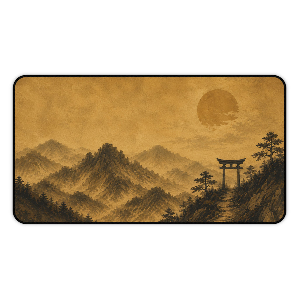 Japanese Torii Mountain Desk Mat — Vintage Sepia Landscape Gaming Mousepad