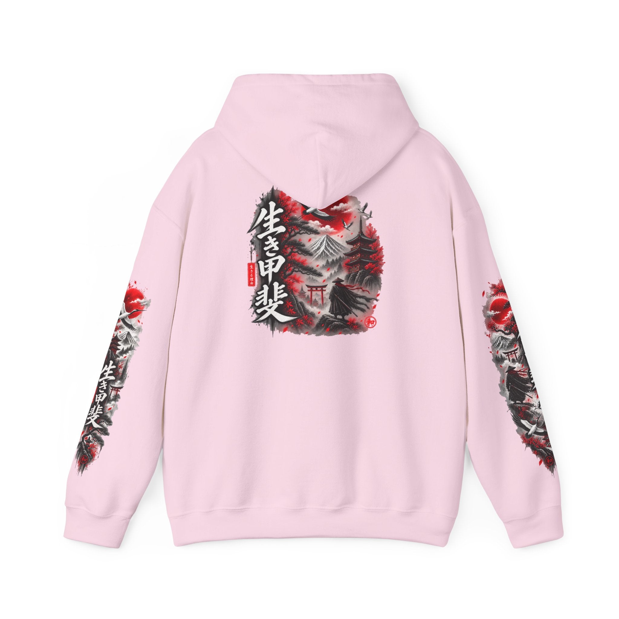 Japanese Oni Mask Hoodie – Red & Black Temple Graphic with Kanji Sleeve Art