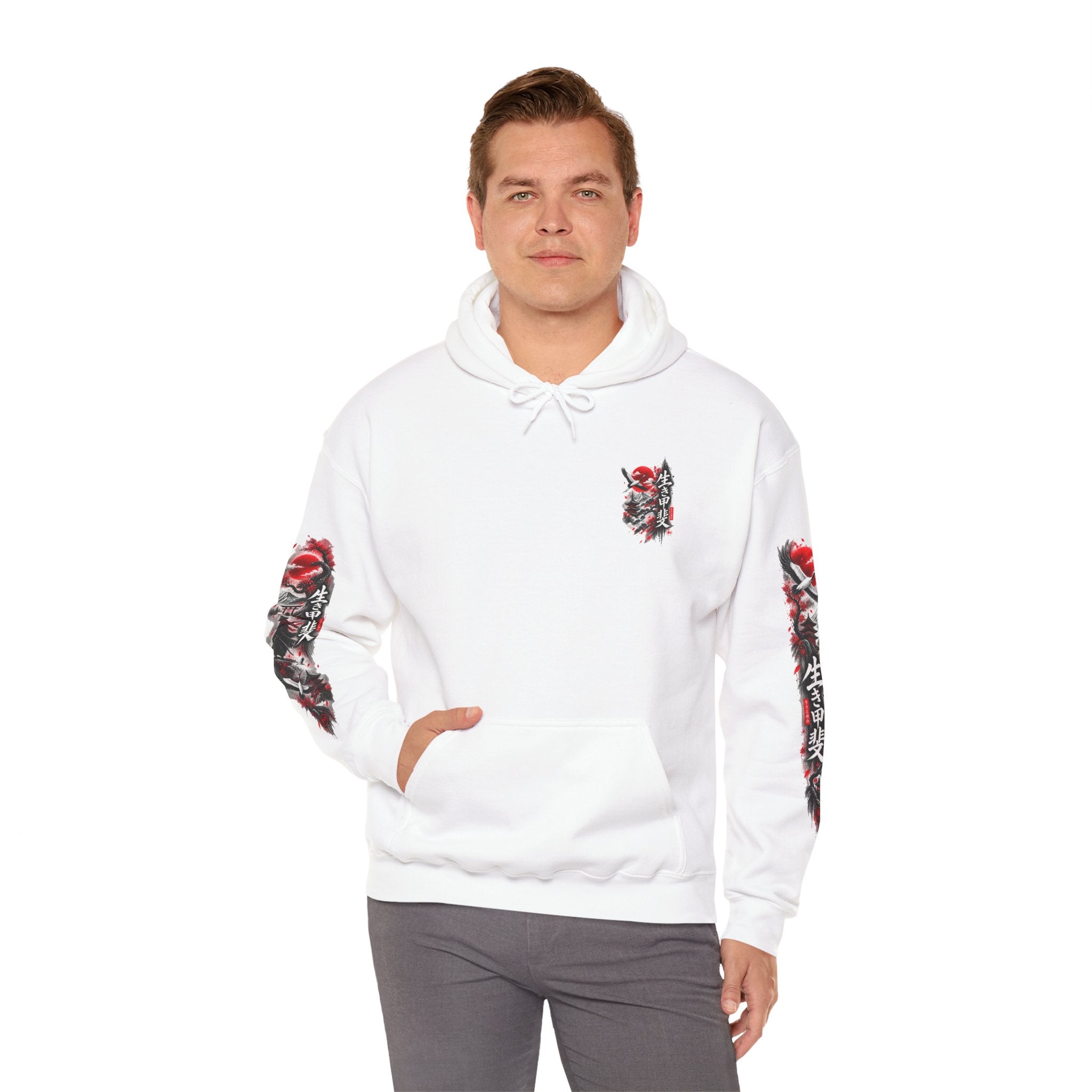 Japanese Oni Mask Hoodie – Red & Black Temple Graphic with Kanji Sleeve Art