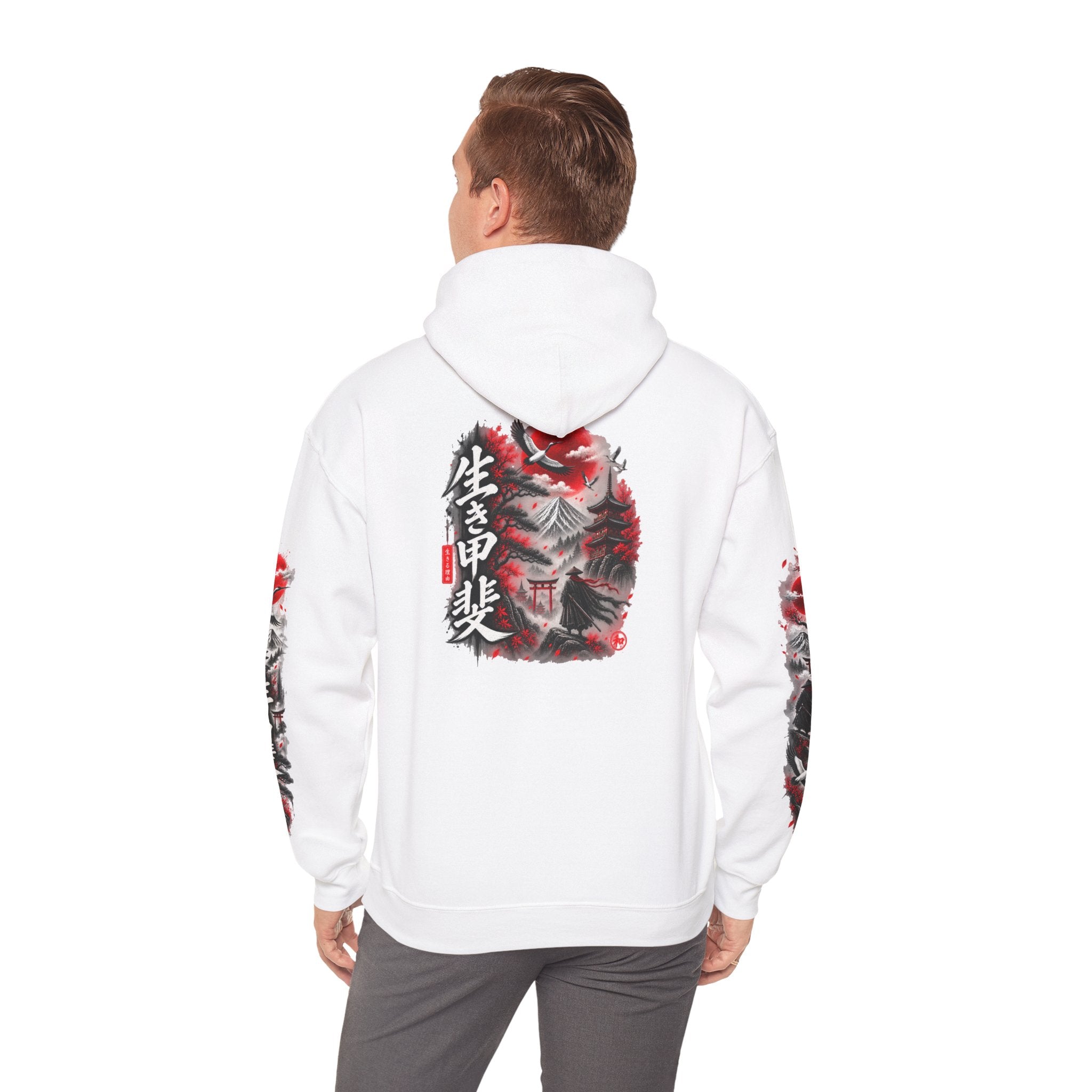 Japanese Oni Mask Hoodie – Red & Black Temple Graphic with Kanji Sleeve Art