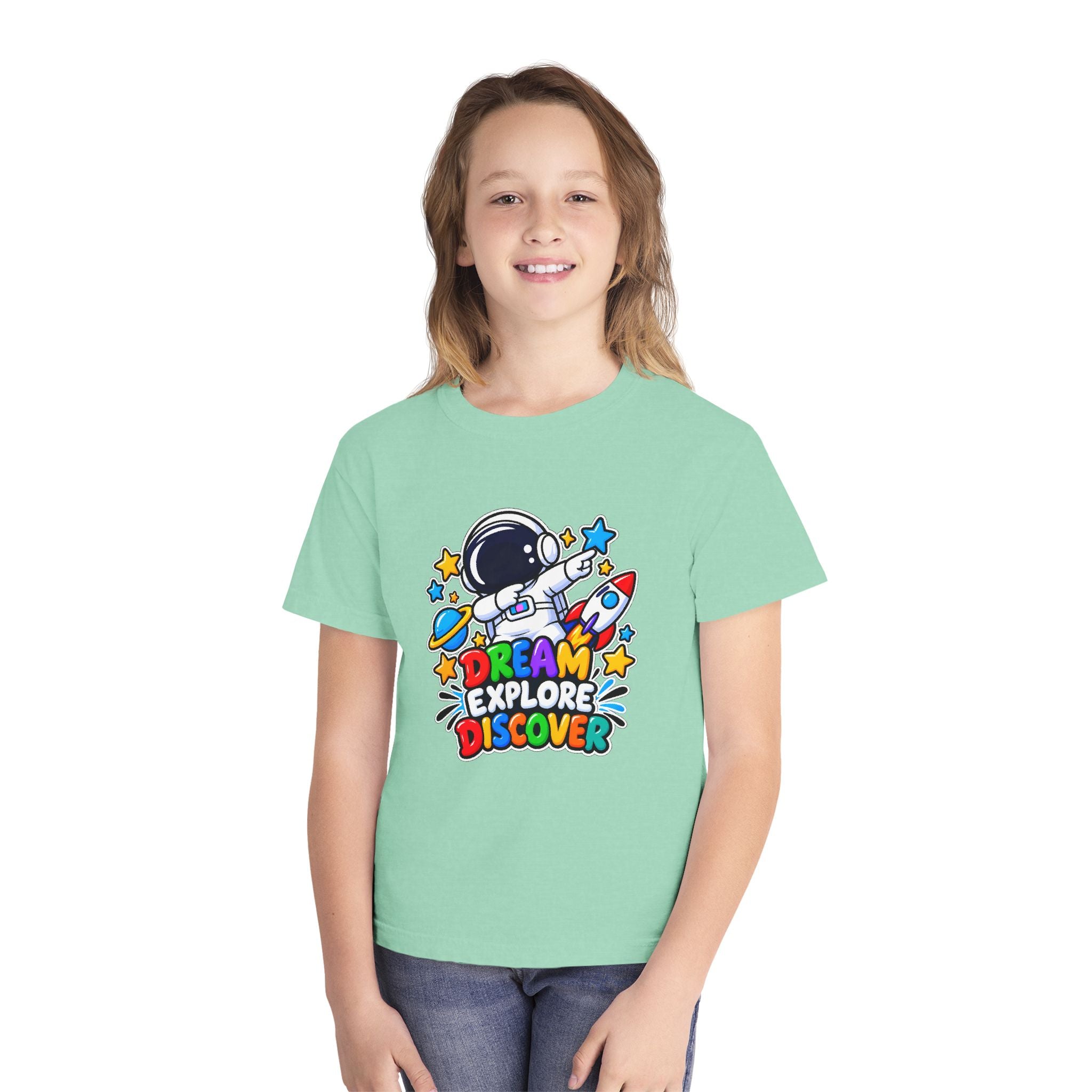 Youth Space Adventure Tee – “Dream Explore Discover / Small Steps Big Future”