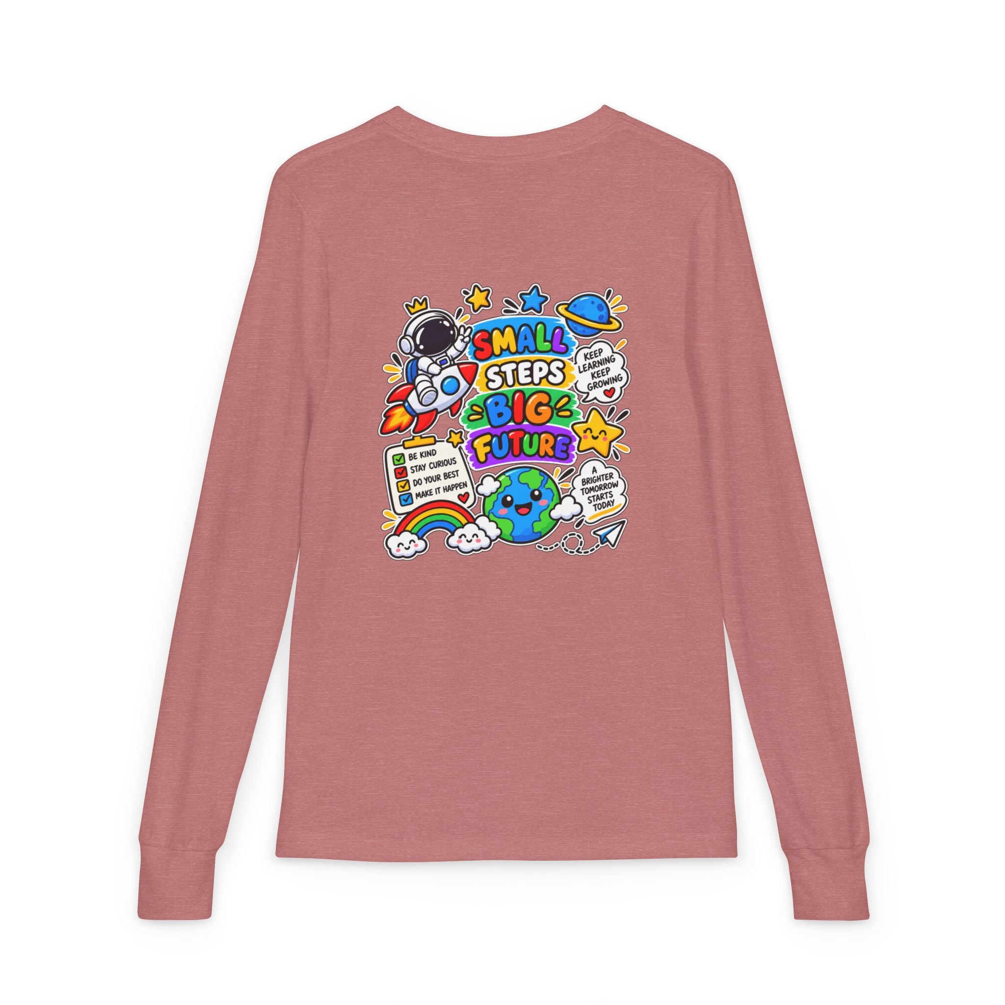 Youth Long Sleeve Tee — 'Dream Explore Discover' Colorful Space Kids Shirt