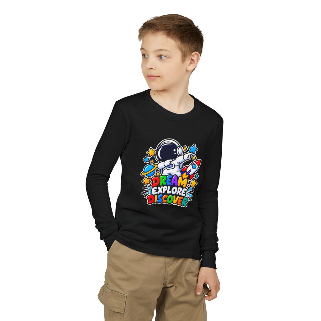 Youth Long Sleeve Tee — 'Dream Explore Discover' Colorful Space Kids Shirt