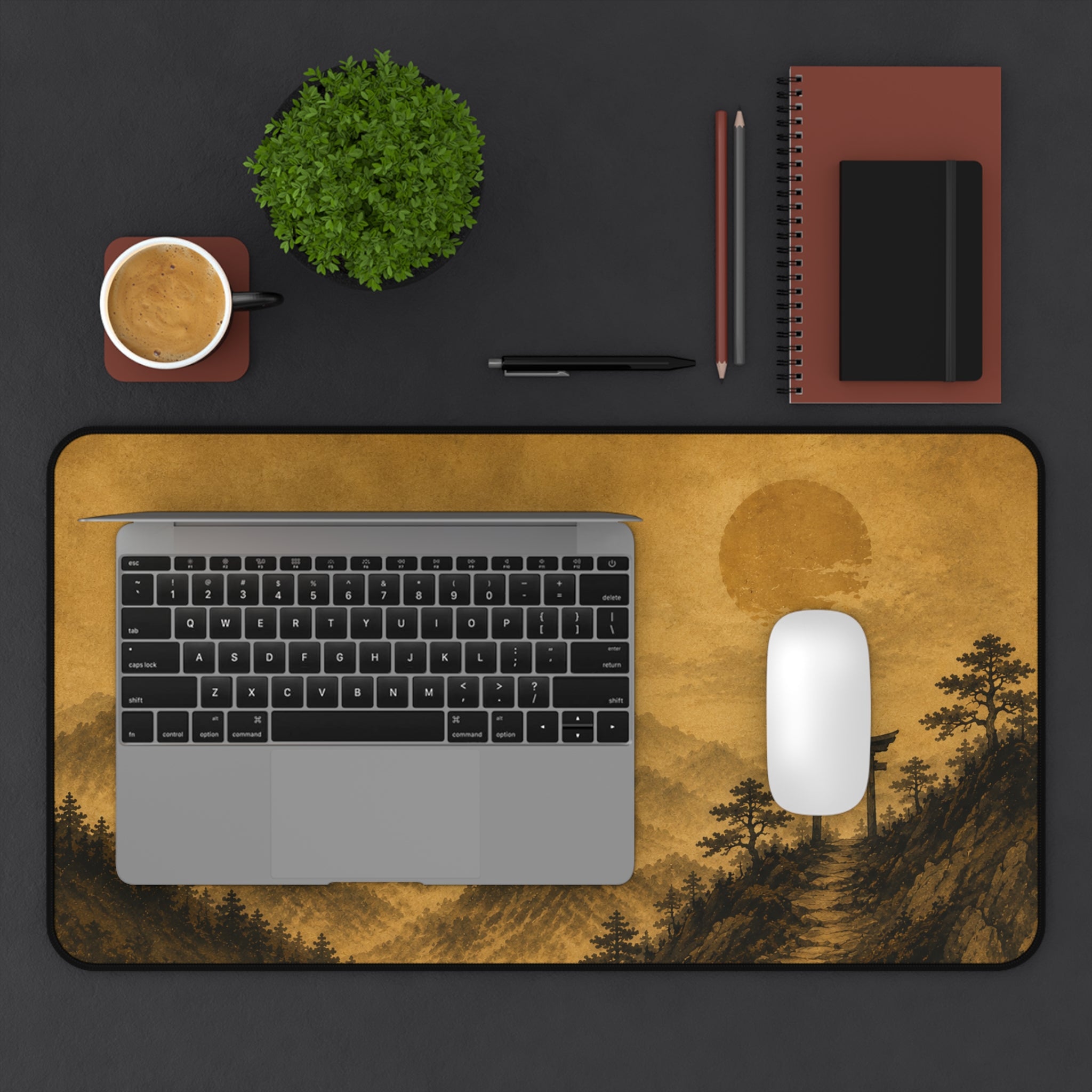 Japanese Torii Mountain Desk Mat — Vintage Sepia Landscape Gaming Mousepad