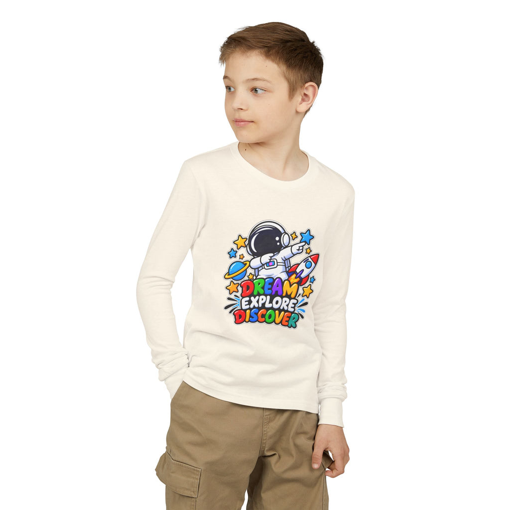Youth Long Sleeve Tee — 'Dream Explore Discover' Colorful Space Kids Shirt