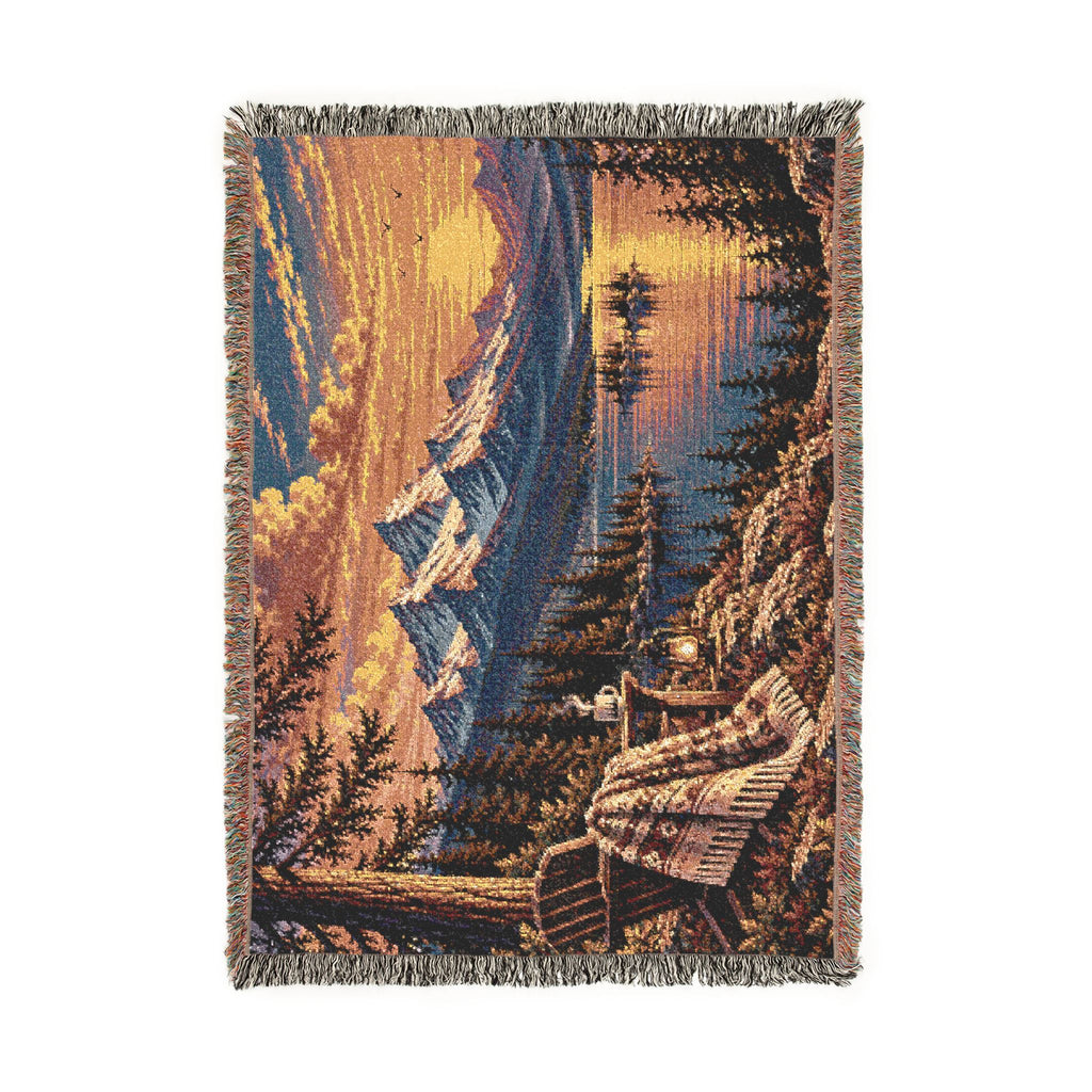 Mountain Lake Woven Blanket — Sunset Scenic Throw for Cabin, Camping & Cozy Home Decor