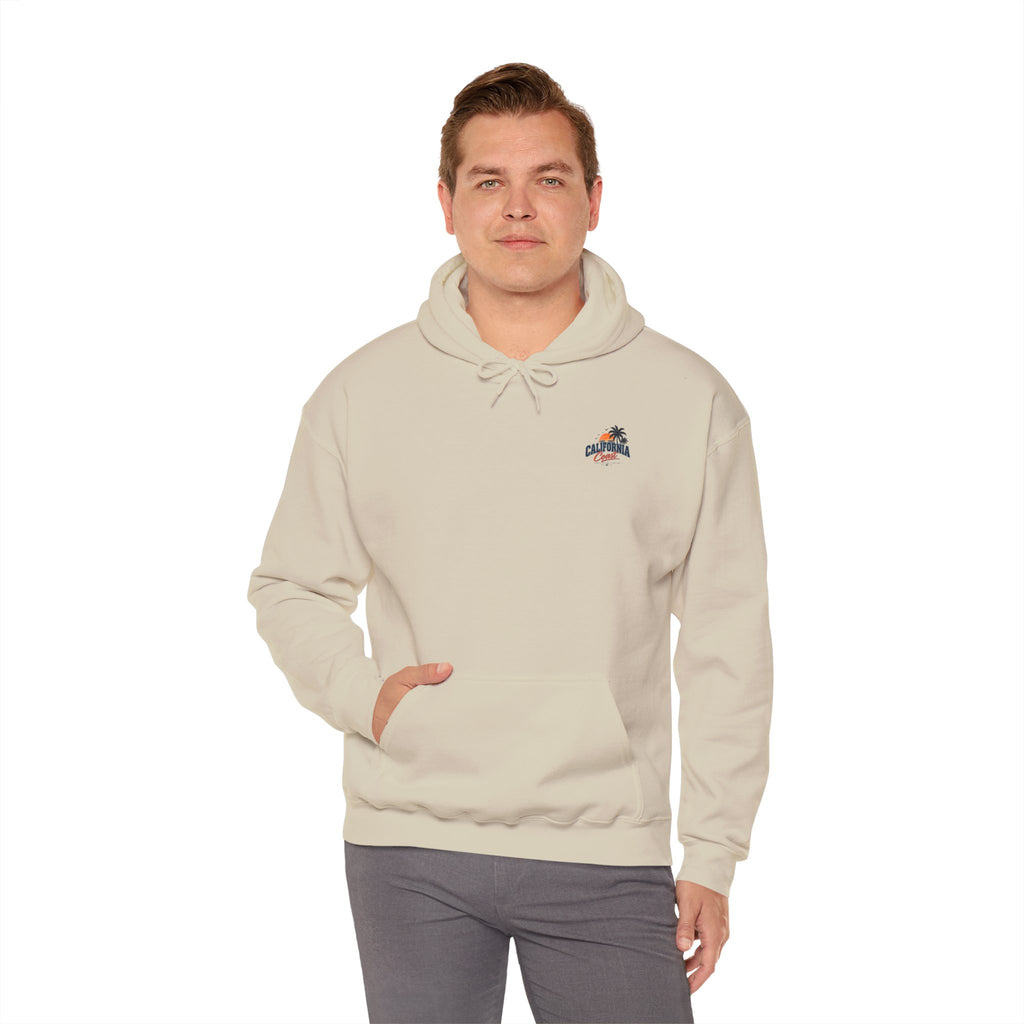 California Coast Hoodie — Vintage Car Sunset Palm Beach Graphic