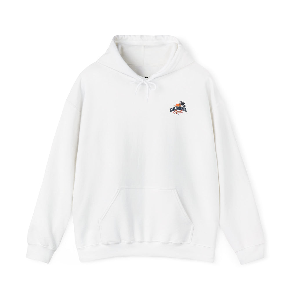 California Coast Hoodie — Vintage Car Sunset Palm Beach Graphic