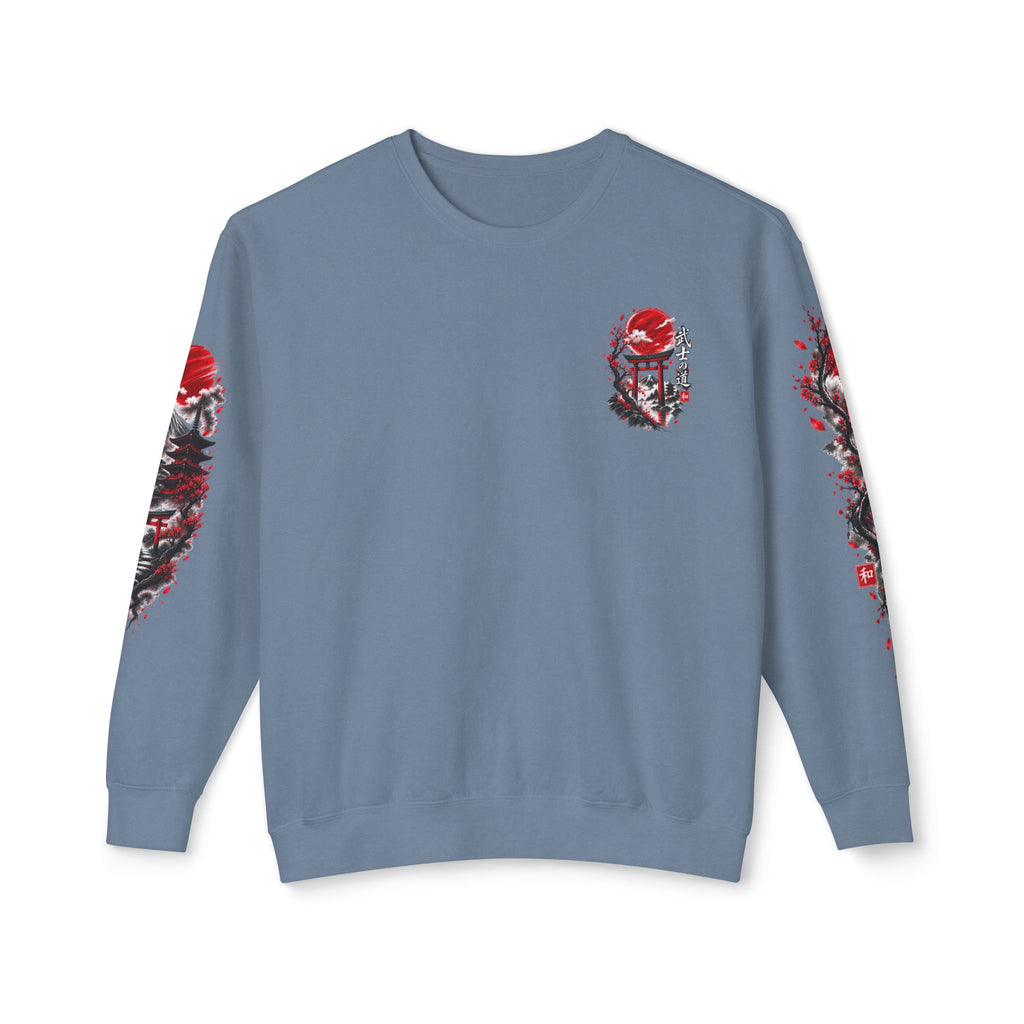 Japanese Samurai Landscape Sweatshirt — Red Sun, Crane & Kanji Crewneck