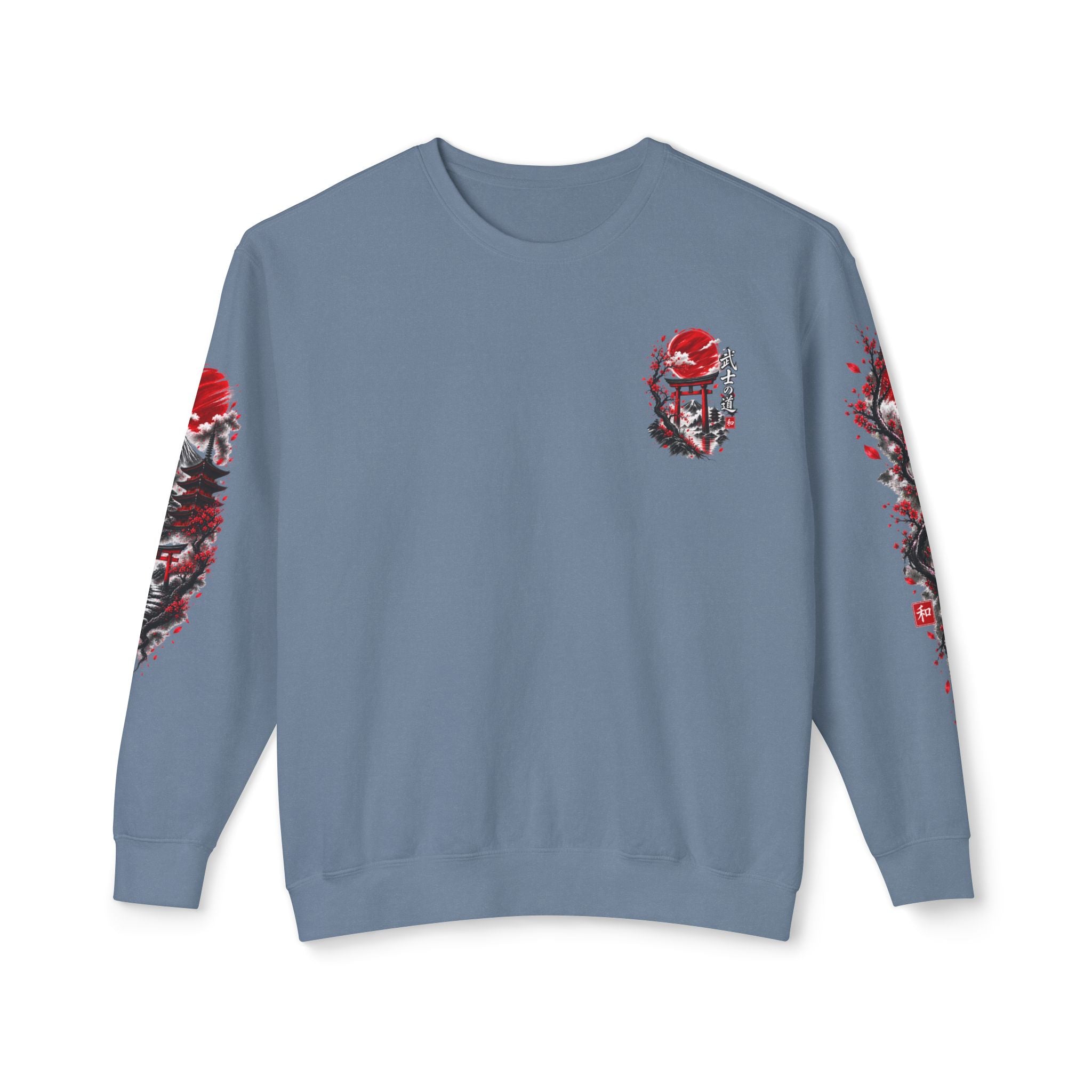 Japanese Samurai Landscape Sweatshirt — Red Sun, Crane & Kanji Crewneck