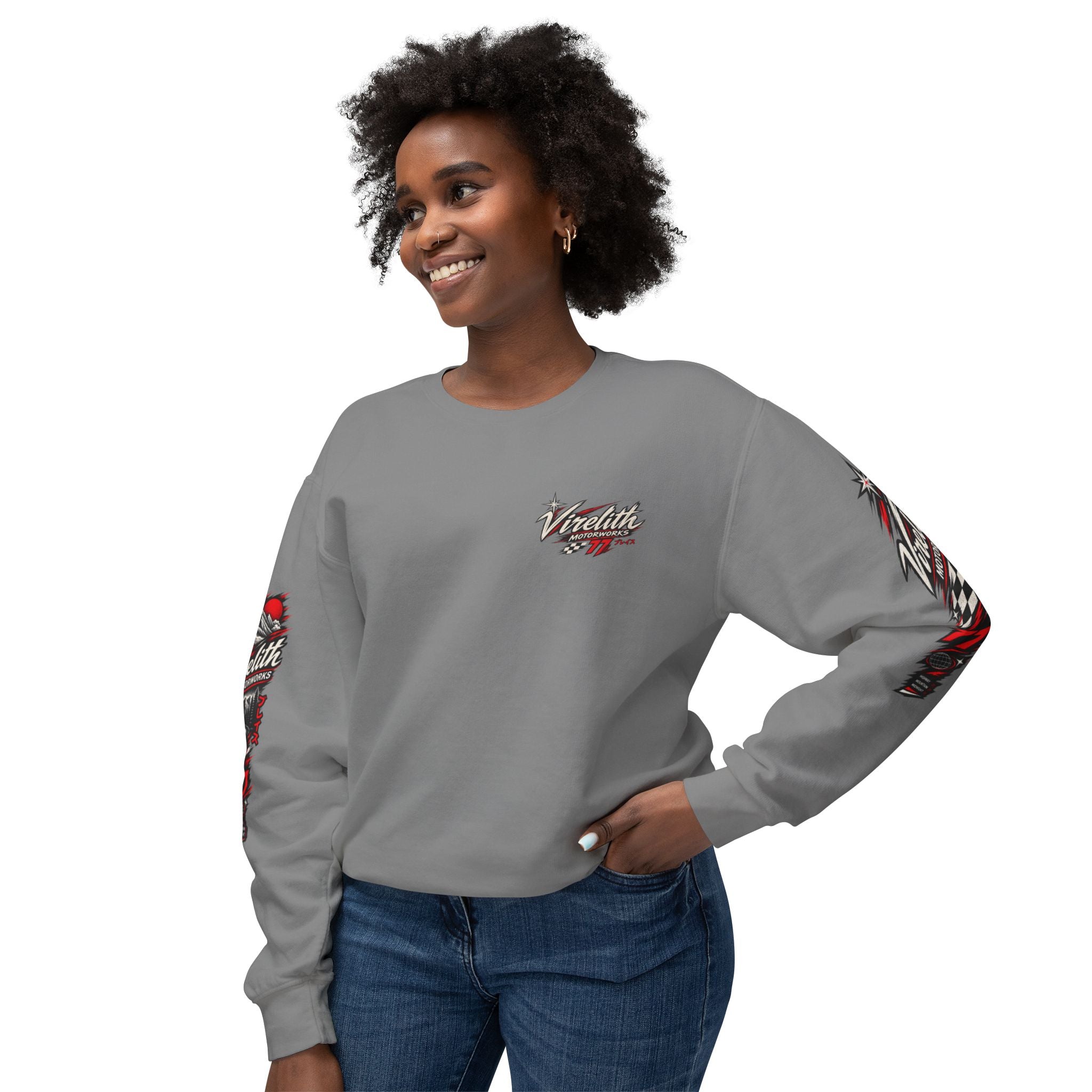 Motorworks Racing Crewneck Sweatshirt | Vintage Sleeve Graphic