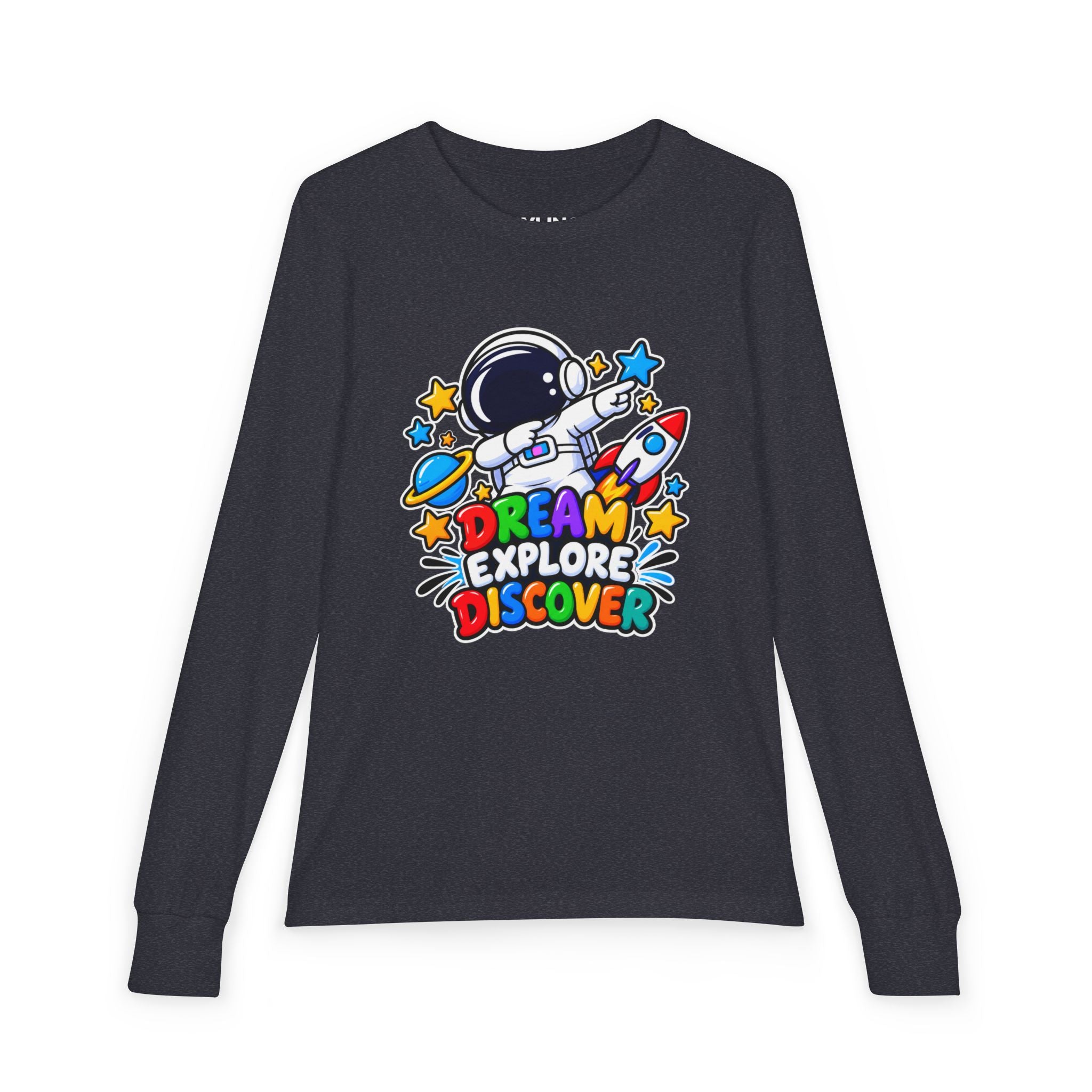 Youth Long Sleeve Tee — 'Dream Explore Discover' Colorful Space Kids Shirt