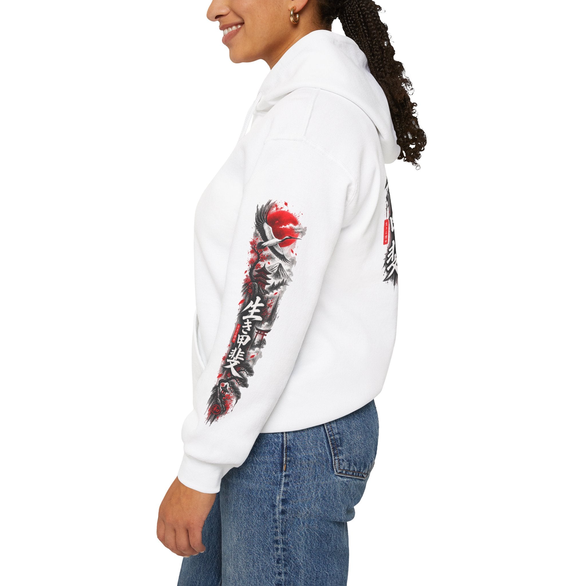 Japanese Oni Mask Hoodie – Red & Black Temple Graphic with Kanji Sleeve Art