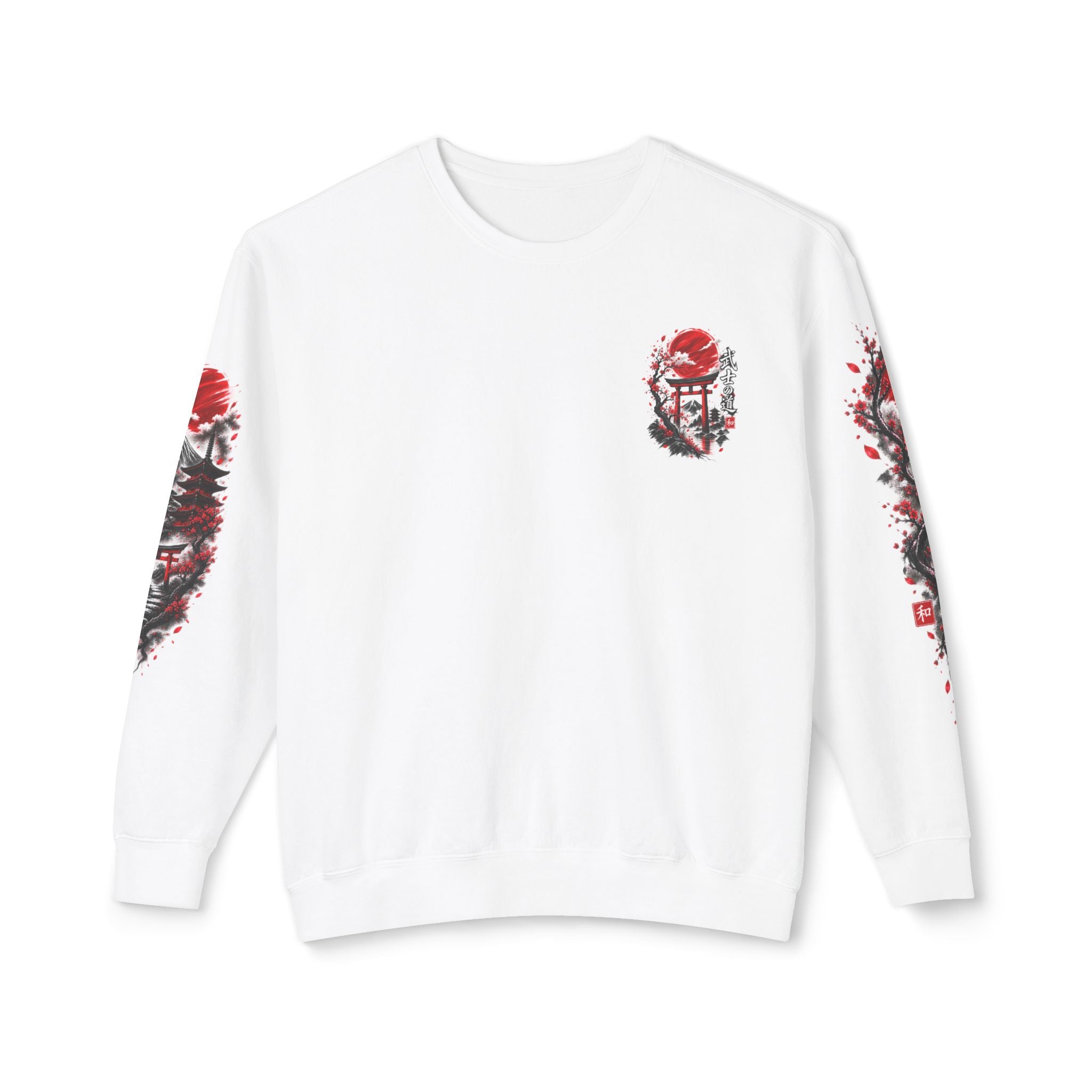Japanese Samurai Landscape Sweatshirt — Red Sun, Crane & Kanji Crewneck