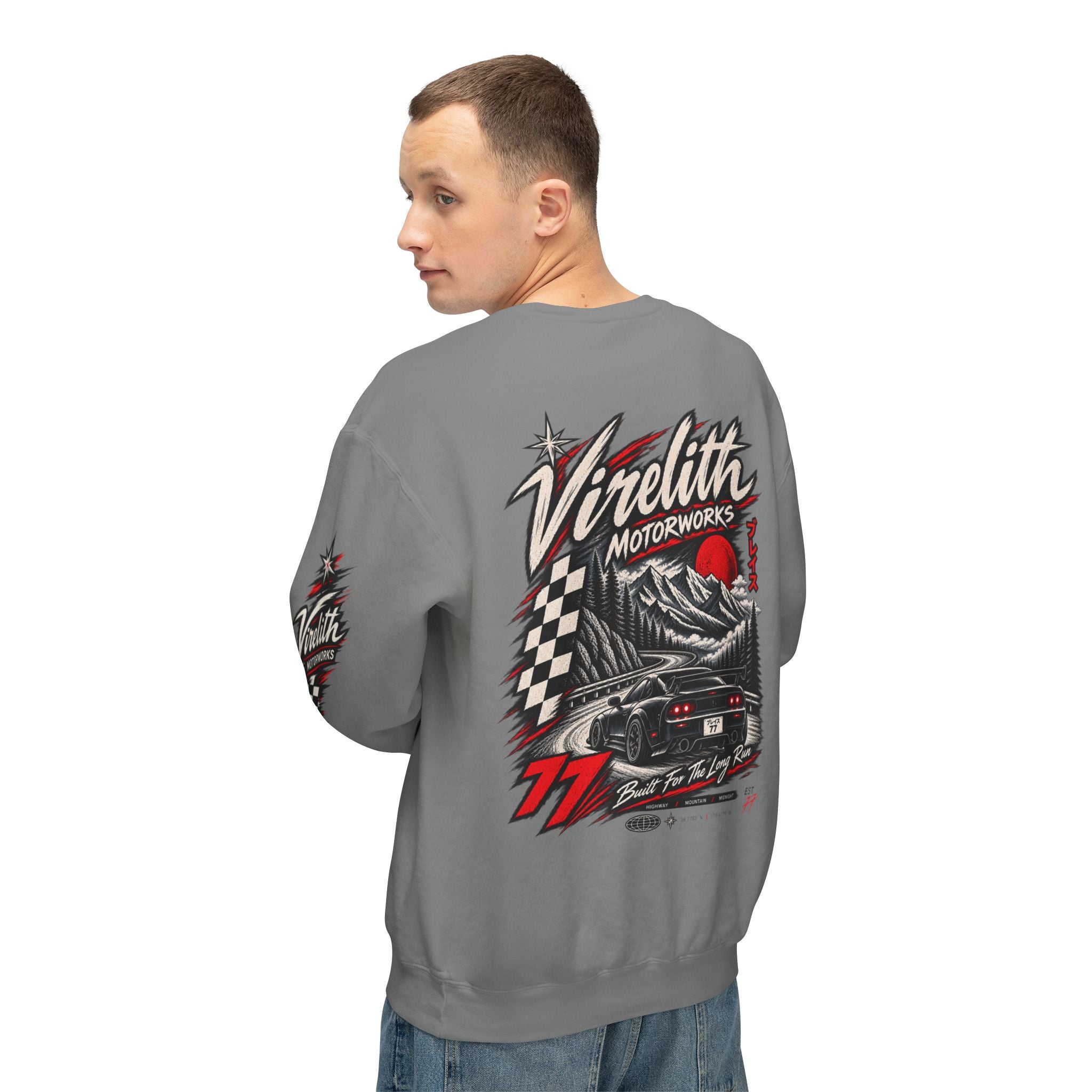 Motorworks Racing Crewneck Sweatshirt | Vintage Sleeve Graphic