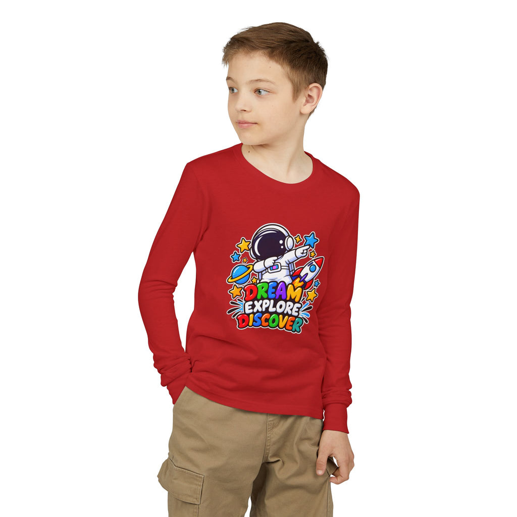 Youth Long Sleeve Tee — 'Dream Explore Discover' Colorful Space Kids Shirt