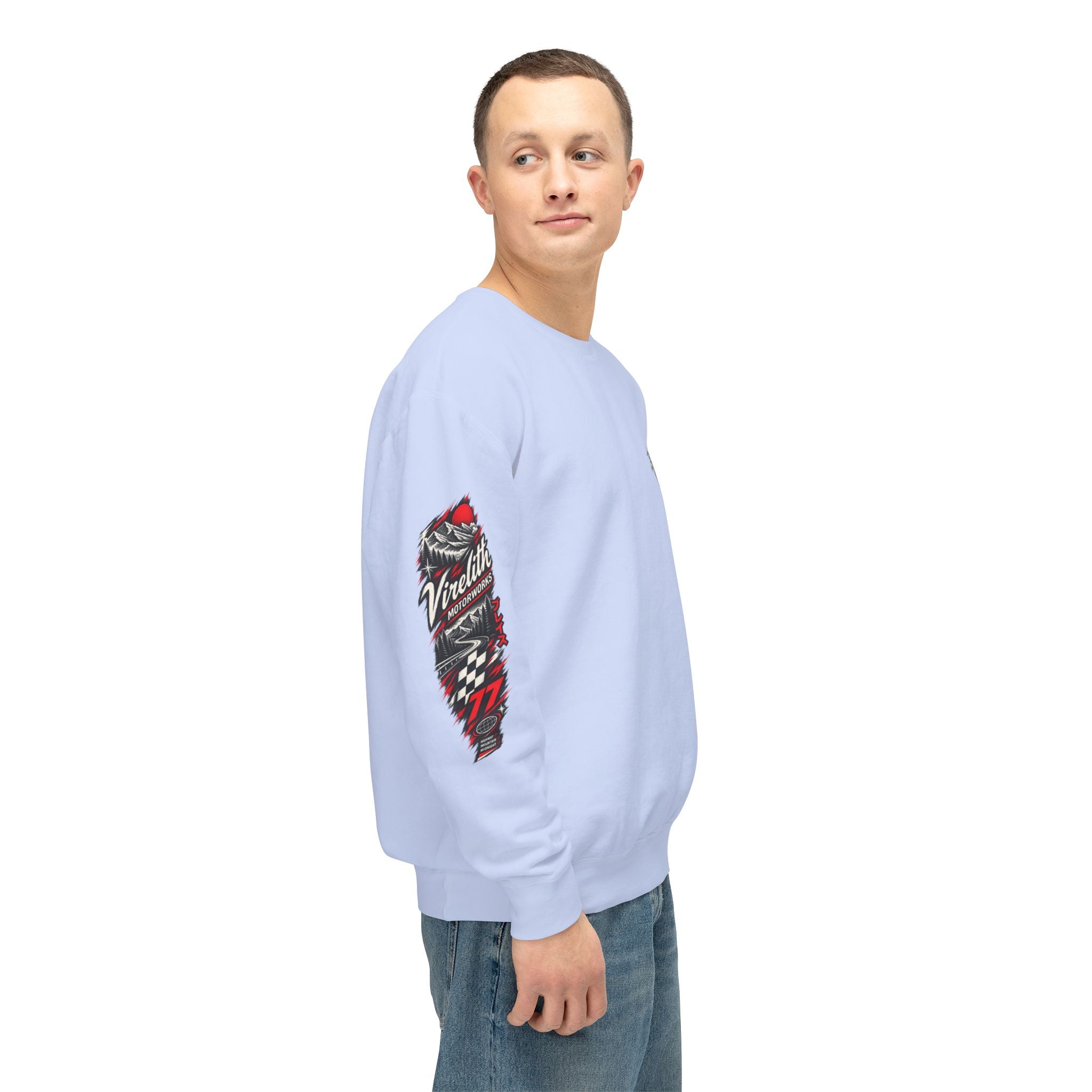 Motorworks Racing Crewneck Sweatshirt | Vintage Sleeve Graphic