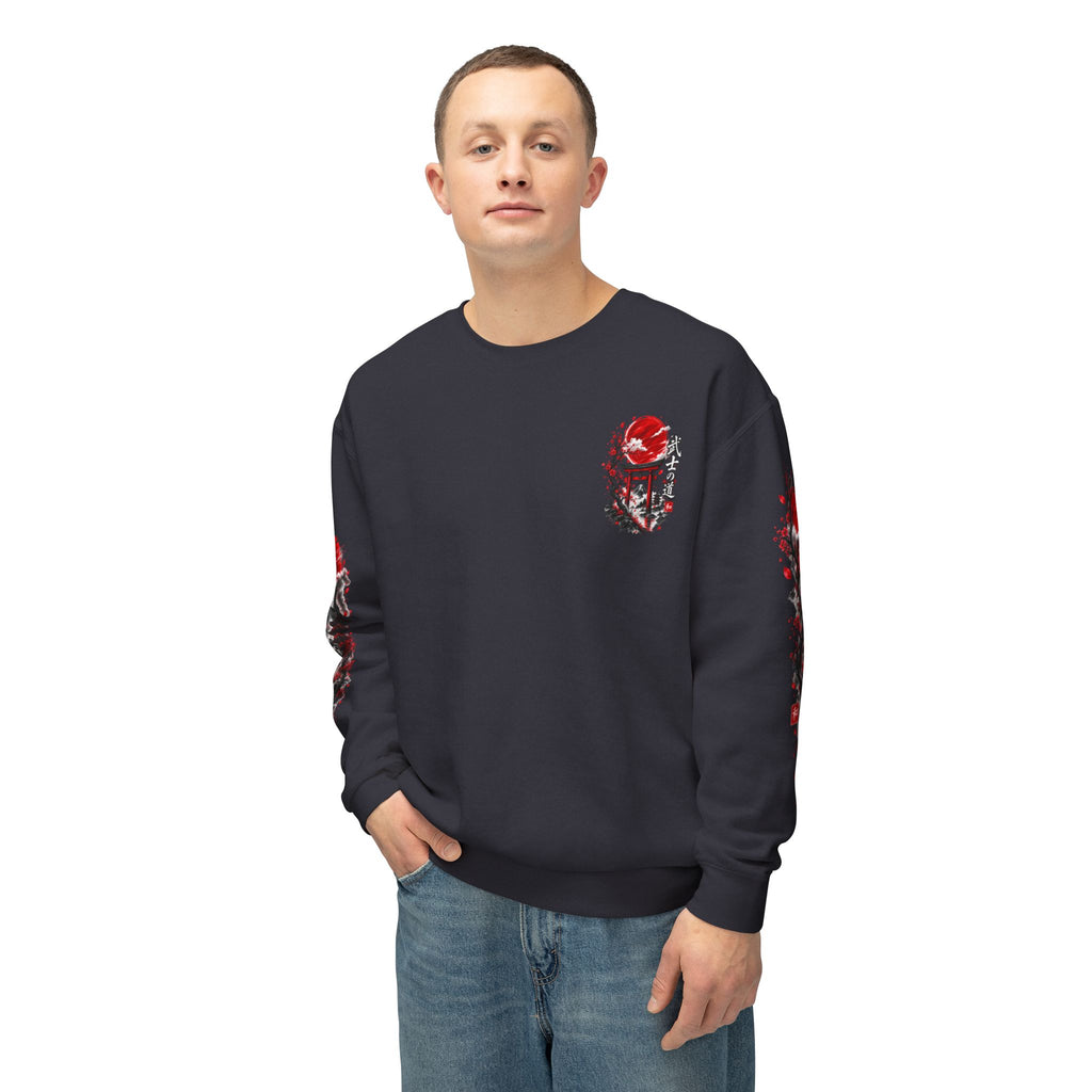 Japanese Samurai Landscape Sweatshirt — Red Sun, Crane & Kanji Crewneck