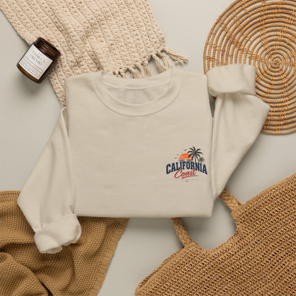 California Coast Crewneck Sweatshirt — Retro Palm Tree Graphic