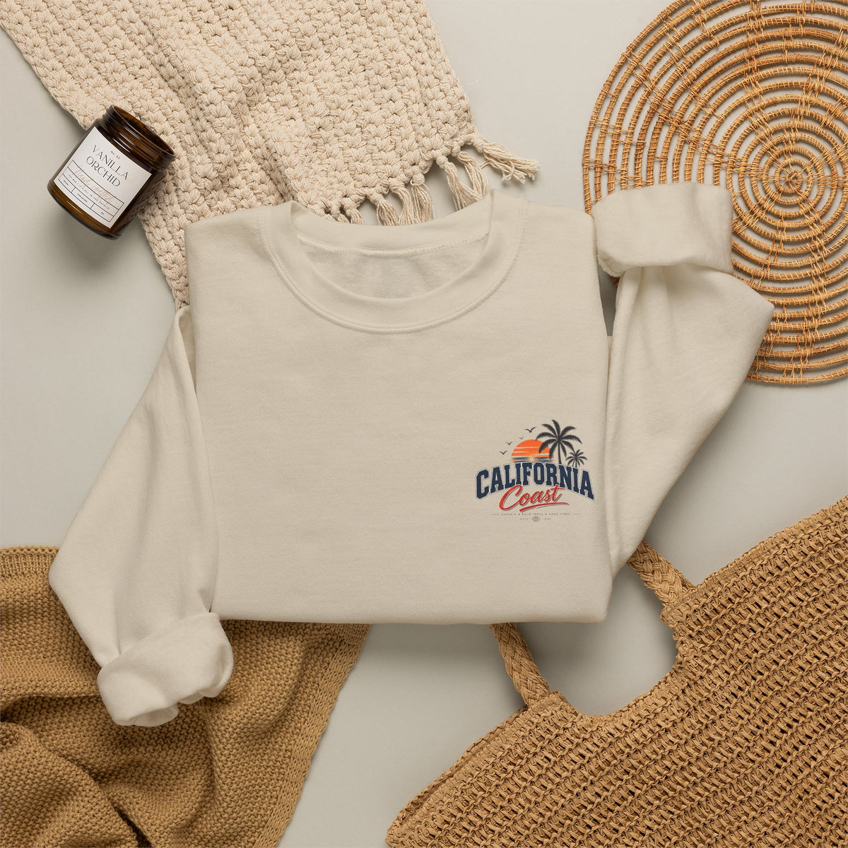 California Coast Crewneck Sweatshirt — Retro Palm Tree Graphic