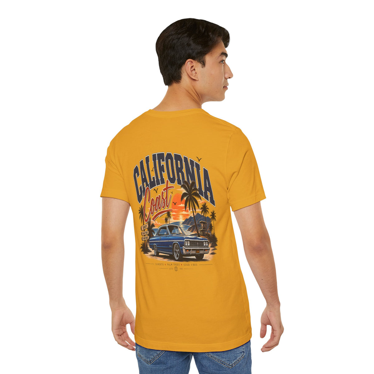 California Coast Pocket Tee — Retro Palm Surf Graphic