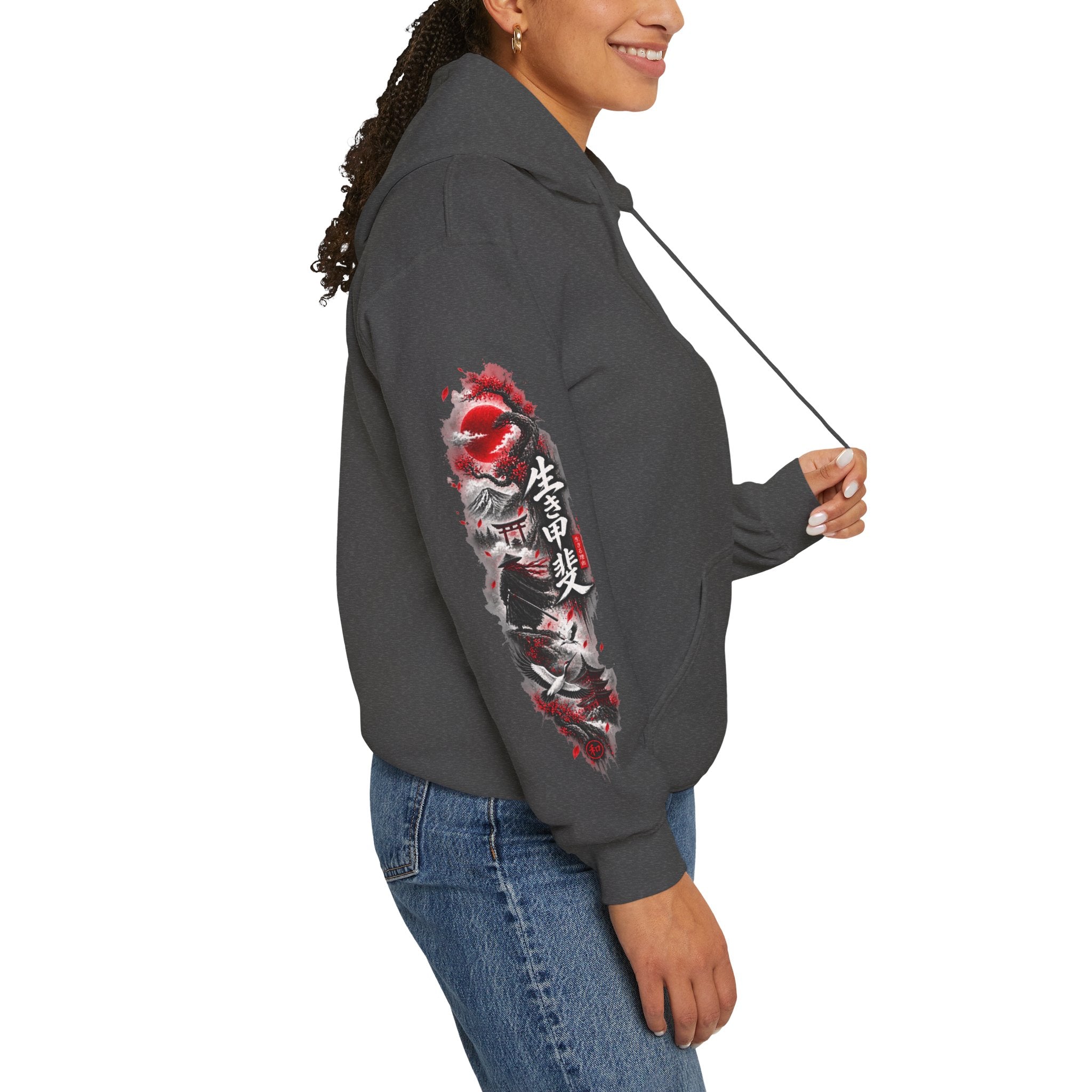 Japanese Oni Mask Hoodie – Red & Black Temple Graphic with Kanji Sleeve Art