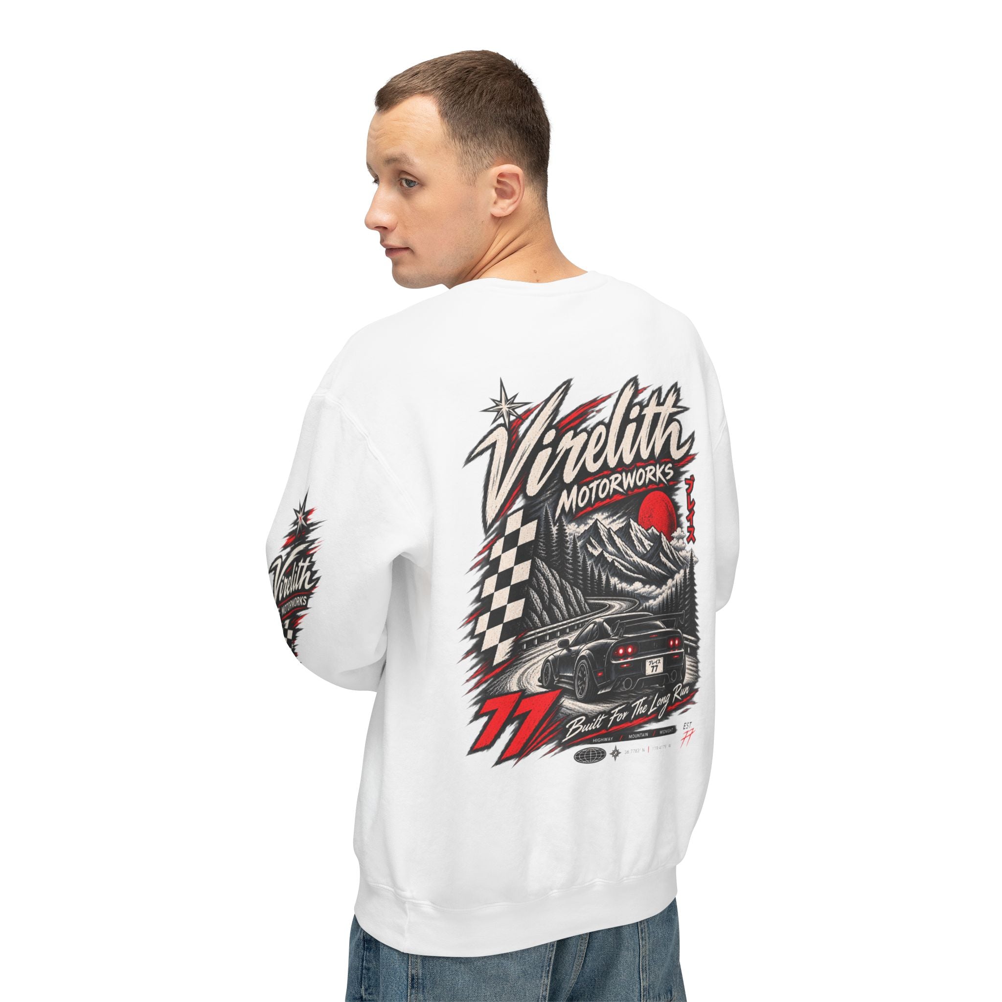 Motorworks Racing Crewneck Sweatshirt | Vintage Sleeve Graphic