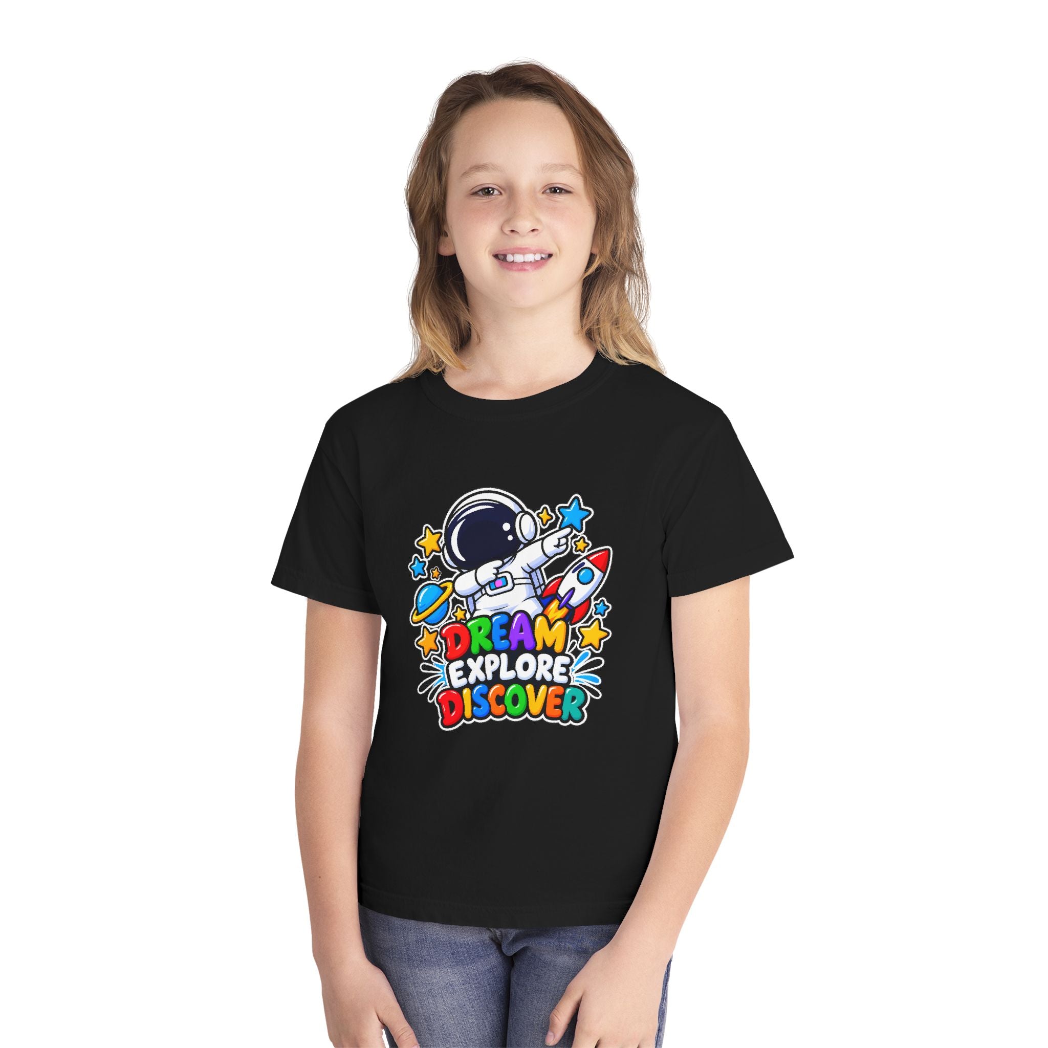 Youth Space Adventure Tee – “Dream Explore Discover / Small Steps Big Future”