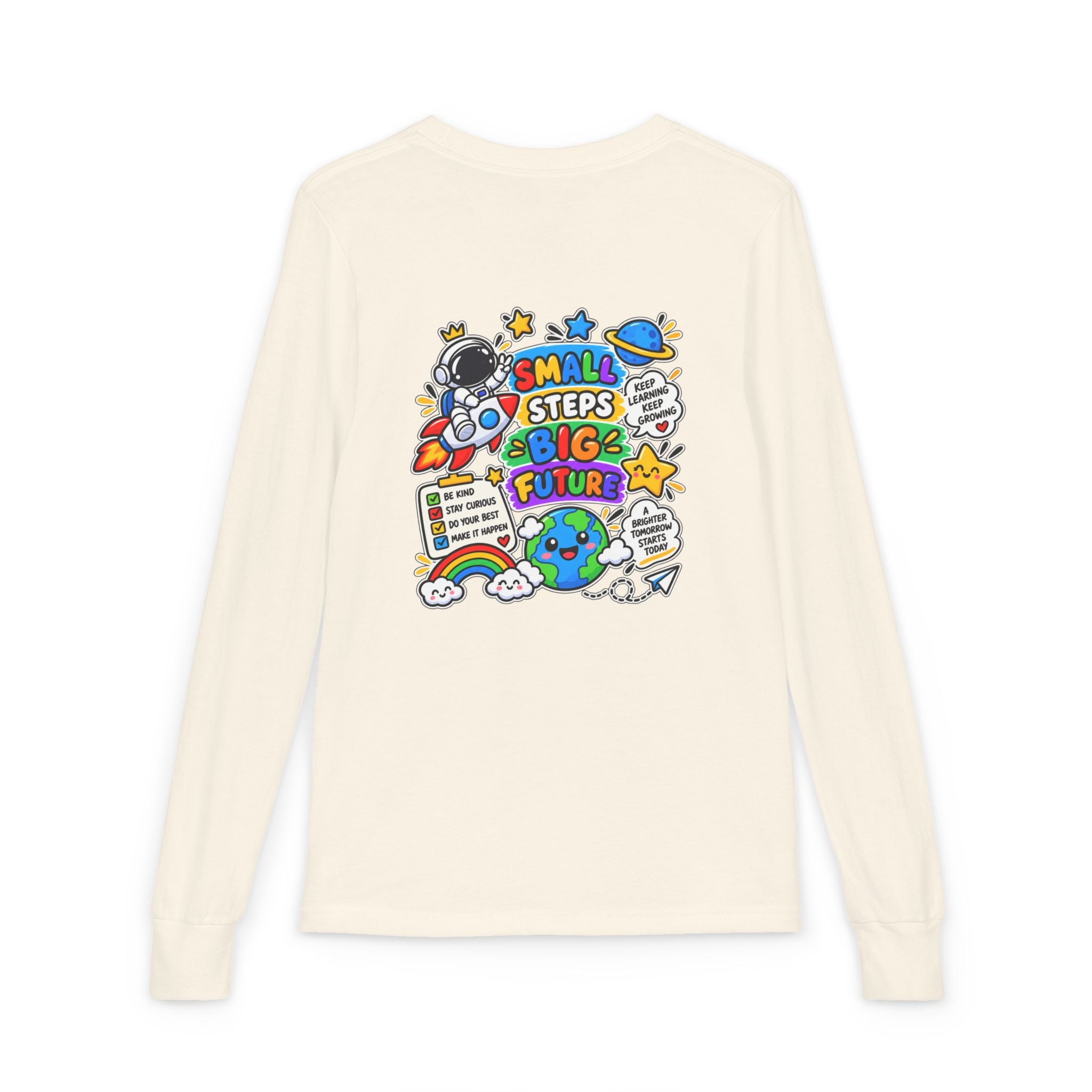 Youth Long Sleeve Tee — 'Dream Explore Discover' Colorful Space Kids Shirt
