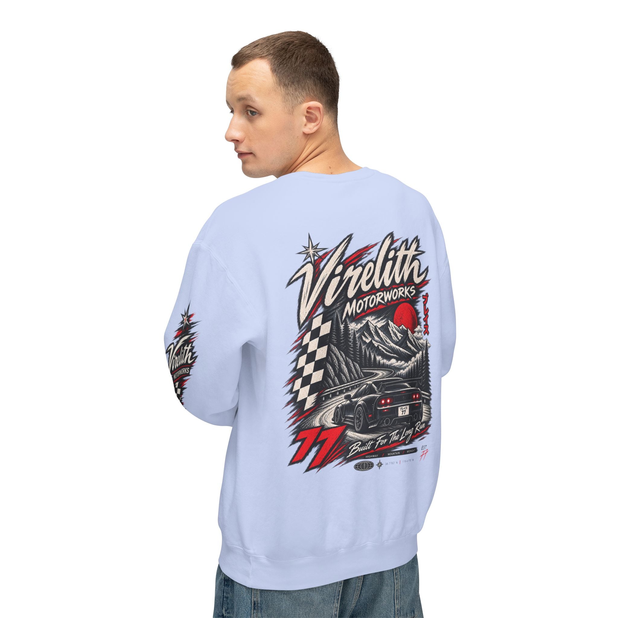 Motorworks Racing Crewneck Sweatshirt | Vintage Sleeve Graphic