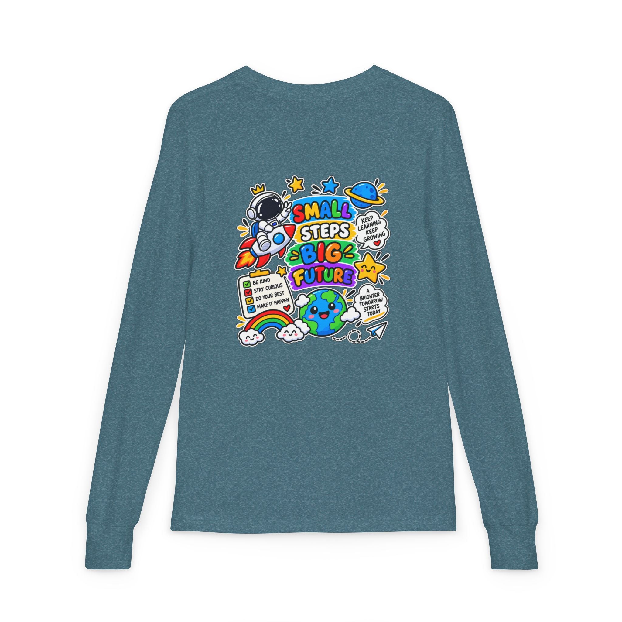 Youth Long Sleeve Tee — 'Dream Explore Discover' Colorful Space Kids Shirt