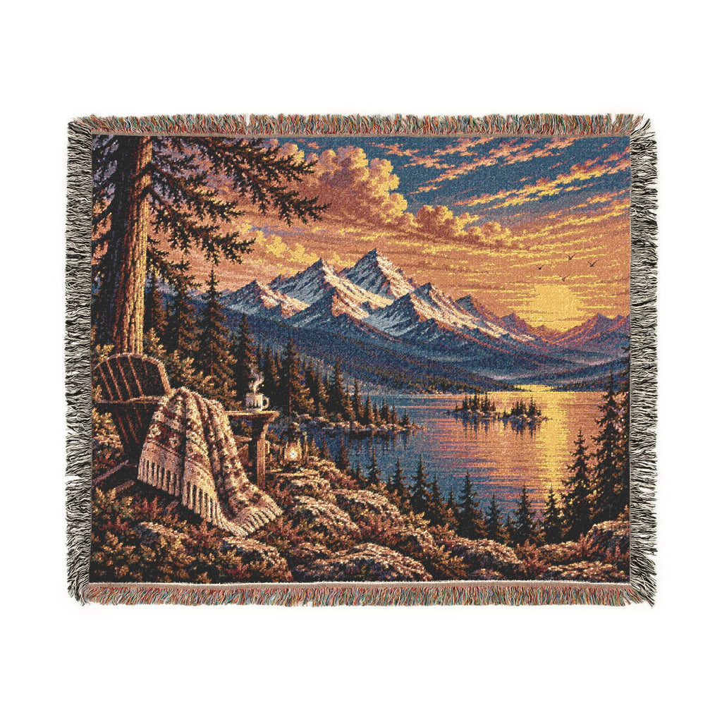 Mountain Lake Woven Blanket — Sunset Scenic Throw for Cabin, Camping & Cozy Home Decor