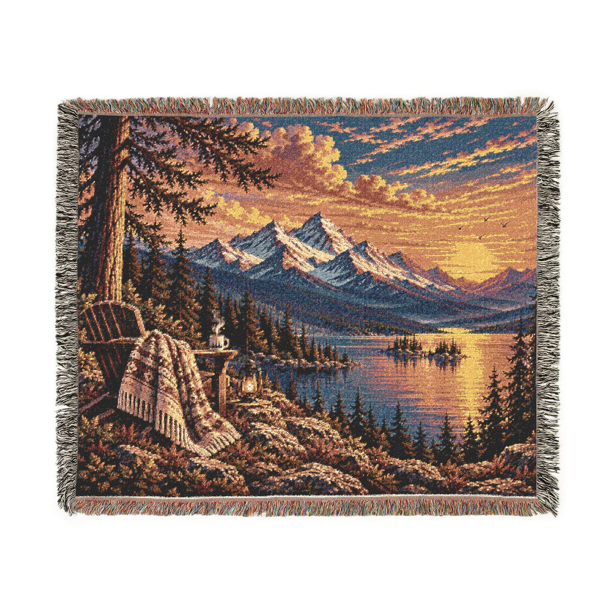 Mountain Lake Woven Blanket — Sunset Scenic Throw for Cabin, Camping & Cozy Home Decor