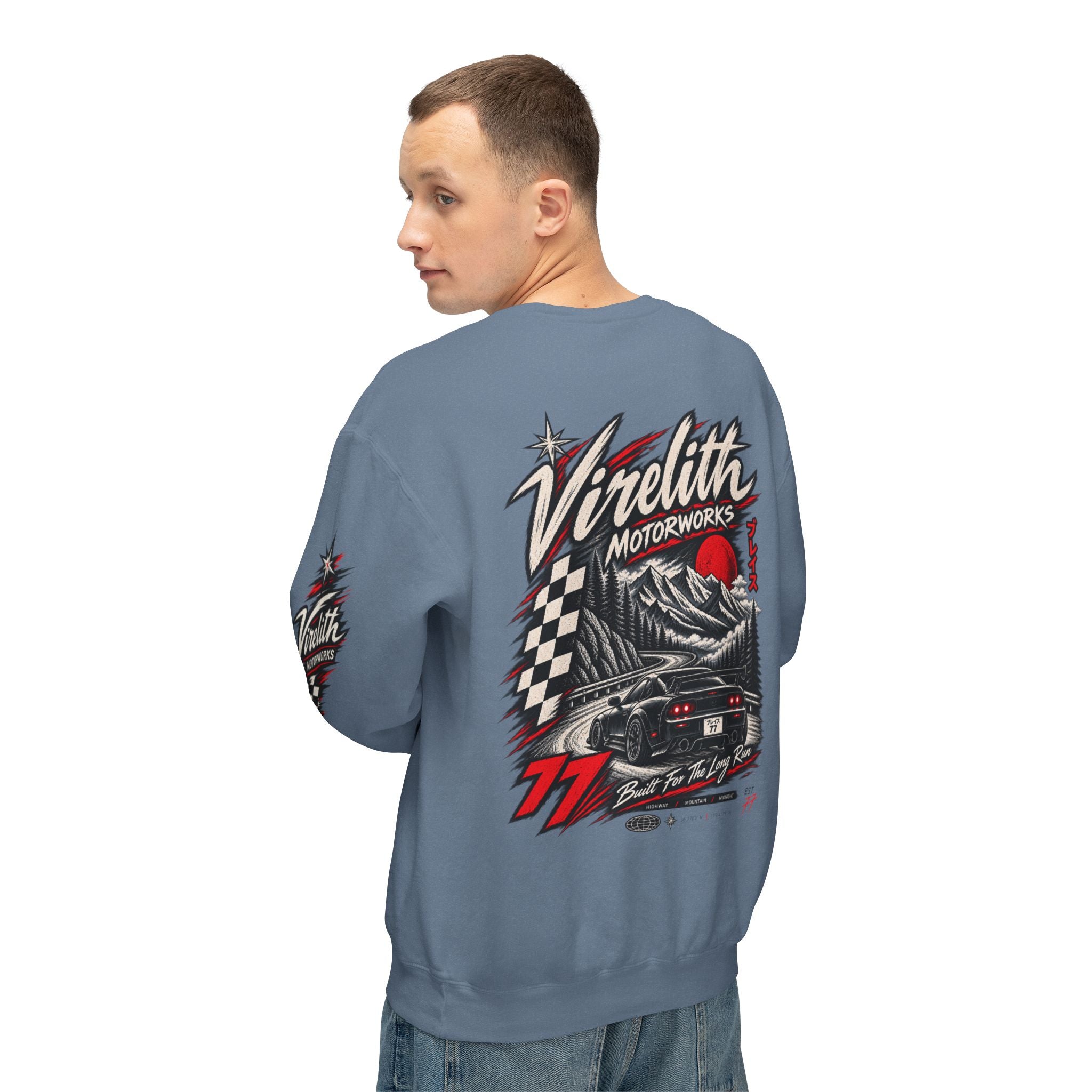 Motorworks Racing Crewneck Sweatshirt | Vintage Sleeve Graphic