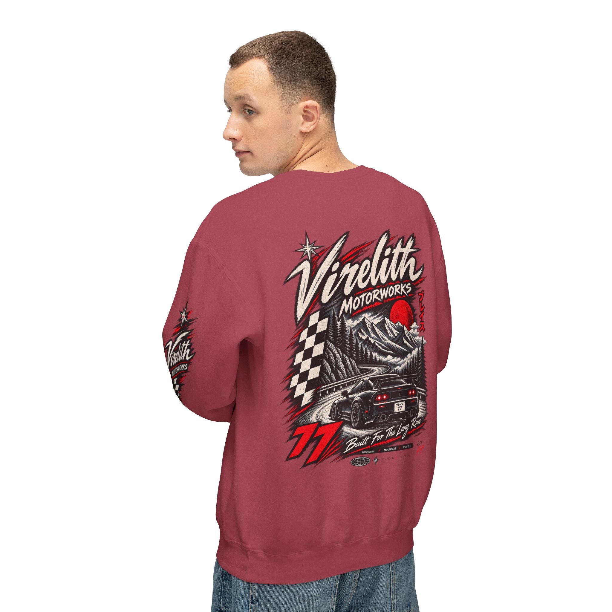 Motorworks Racing Crewneck Sweatshirt | Vintage Sleeve Graphic
