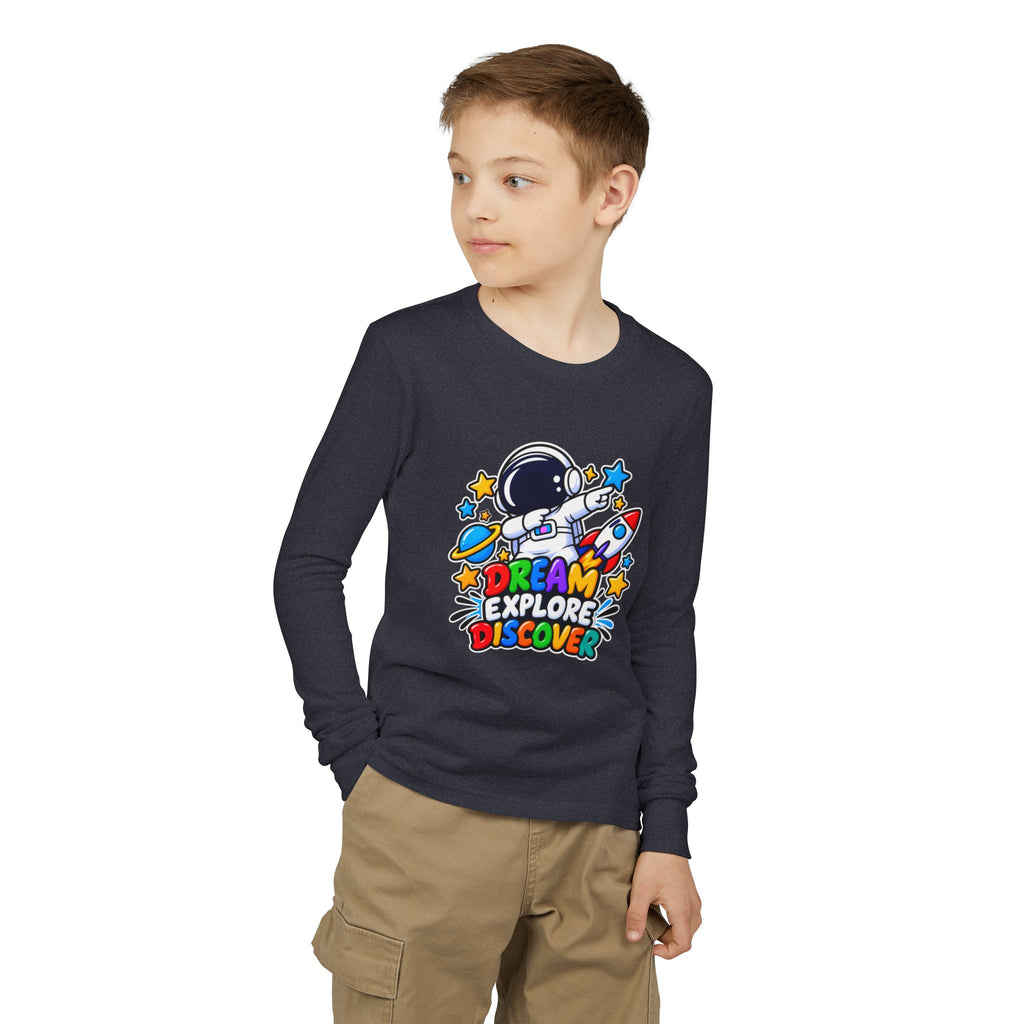 Youth Long Sleeve Tee — 'Dream Explore Discover' Colorful Space Kids Shirt