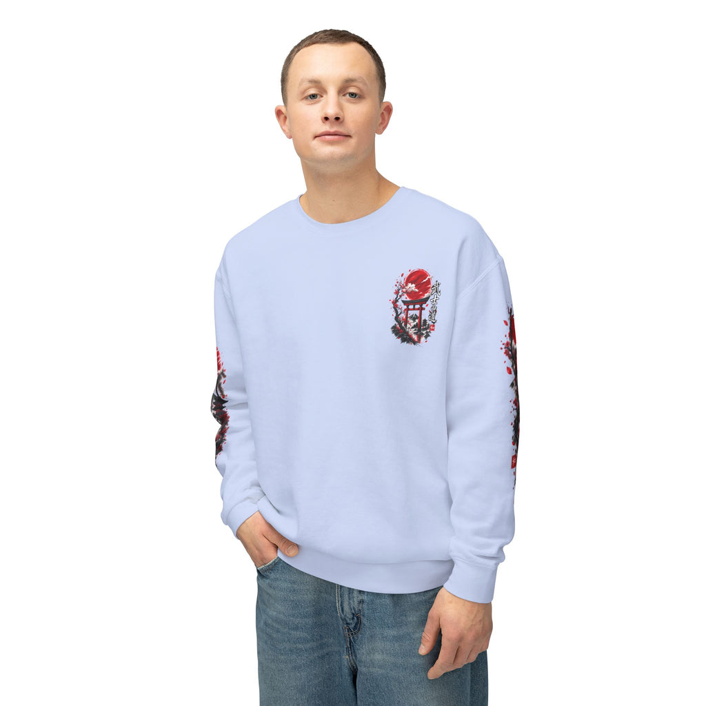 Japanese Samurai Landscape Sweatshirt — Red Sun, Crane & Kanji Crewneck