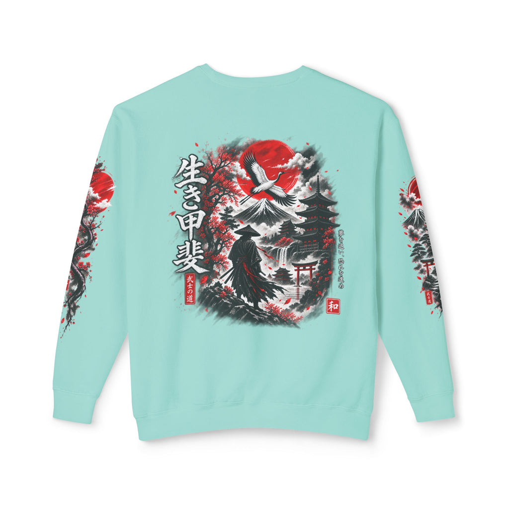 Japanese Samurai Landscape Sweatshirt — Red Sun, Crane & Kanji Crewneck