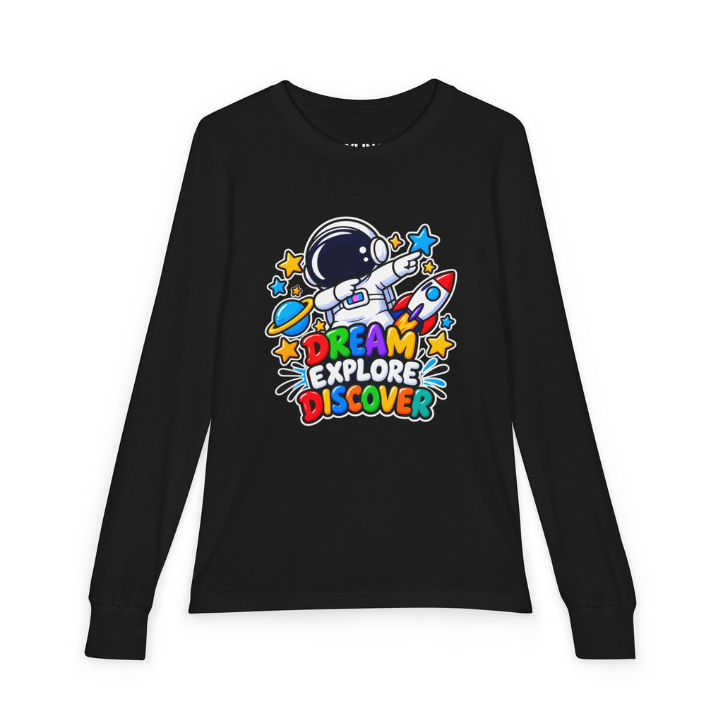Youth Long Sleeve Tee — 'Dream Explore Discover' Colorful Space Kids Shirt