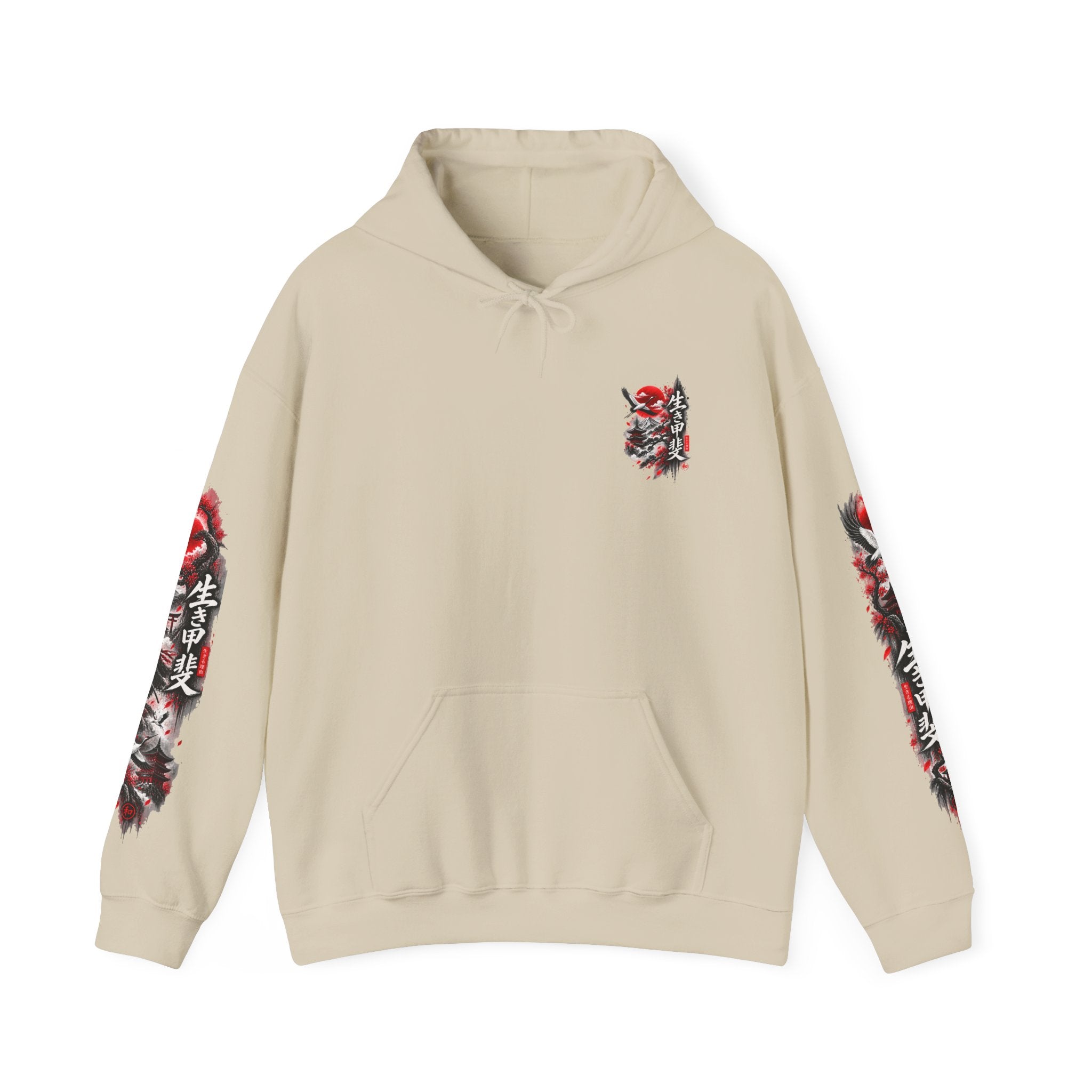 Japanese Oni Mask Hoodie – Red & Black Temple Graphic with Kanji Sleeve Art