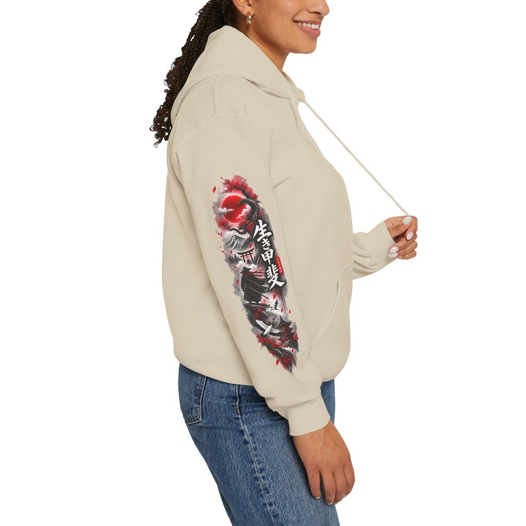 Japanese Oni Mask Hoodie – Red & Black Temple Graphic with Kanji Sleeve Art