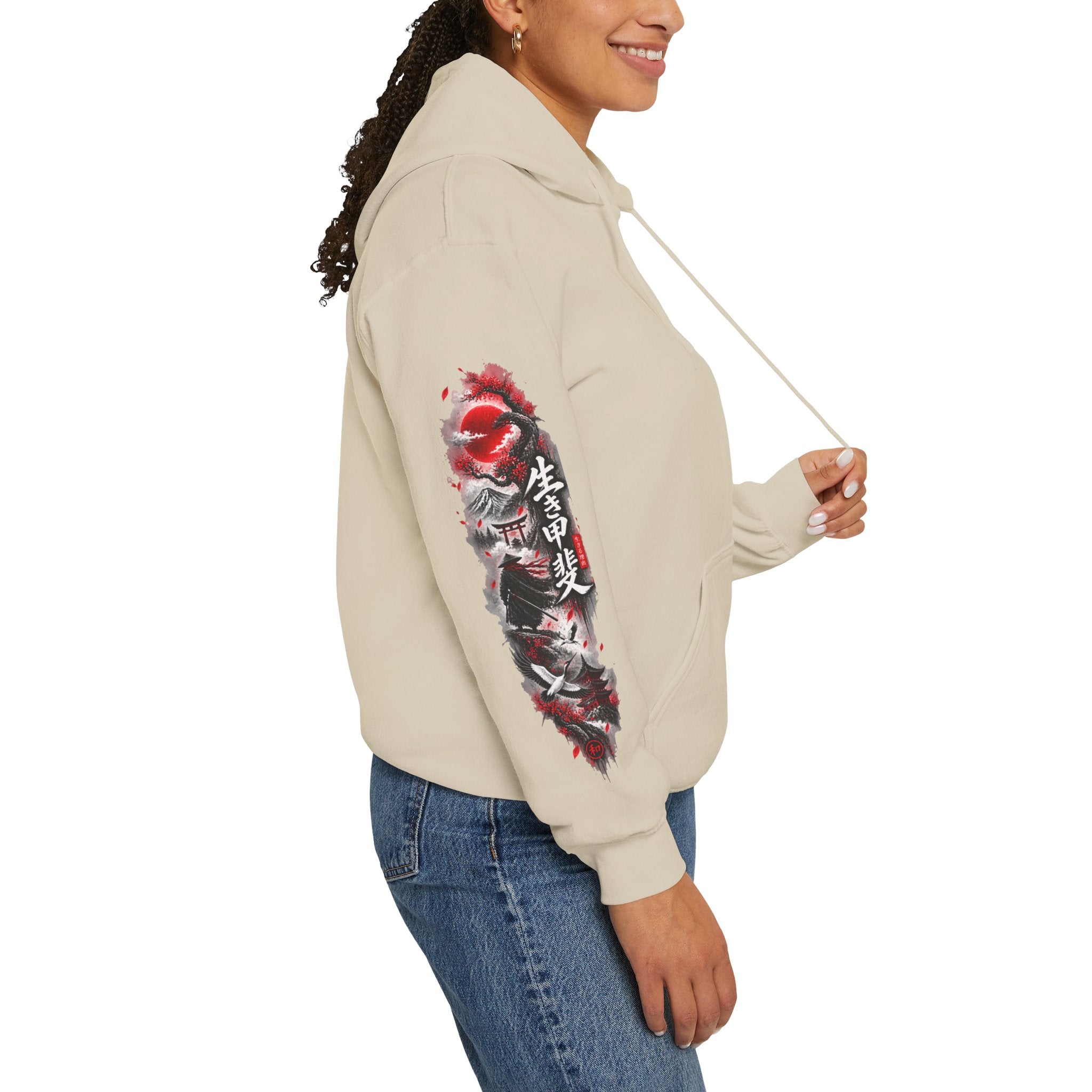 Japanese Oni Mask Hoodie – Red & Black Temple Graphic with Kanji Sleeve Art